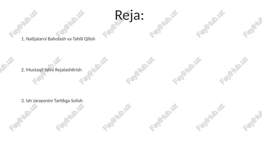 ashkil qilish uchun muhim ahamiyatga ega. ilmiy adabiyotlar bilan ishlash ilmiy adabiyotlar bilan ishlashda 5 dan ortiq manbadan foydalanish, tadqiqotning chuqurligi va ishonchliligini oshiradi, shuningdek, turli nuqtai nazarlarni o'rganishga imkon beradi. annotatsiya va rezyume yozish orqali 10 ta ilmiy maqolaning asosiy g'oyalarini qisqacha bayon qilish, vaqtni tejash bilan birga, umumlashtirish ko'nikmalarini rivojlantiradi. xatolarni tahlil qilish va tuzatish o'quvchilarning 80% da uchraydigan xatolarni aniqlash orqali, o'quv jarayonida qaysi qismlarga ko'proq e'tibor qaratish kerakligini aniqlash mumkin va tegishli tuzatishlar kiritish mumkin. xatolarni tahlil qilishda, 5tadan ortiq turdagi xatolar aniqlansa, ularni turlar bo'yicha guruhlash va har bir turdagi xatolar sonini statistik jihatdan tahlil qilish samarali bo'ladi. qiyinchiliklarni yengish strategiyasi talabalarning 30% dan ortig'i mustaqil ishlashda vaqtni samarali boshqarishda qiyinchiliklarga duch keladi, shuning uchun vaqtni rejalashtirish bo'yicha mashg'ulotlar o'tkazish va 5 bosqichli loyiha menejementi texnikasini qo'llash samarali bo'ladi. mustaqil ishlash jarayonida 2 ta asosiy to'siq – motivatsiya yetishmasligi va resurslarning cheklanganligi bo'lishi mumkin. buning …
