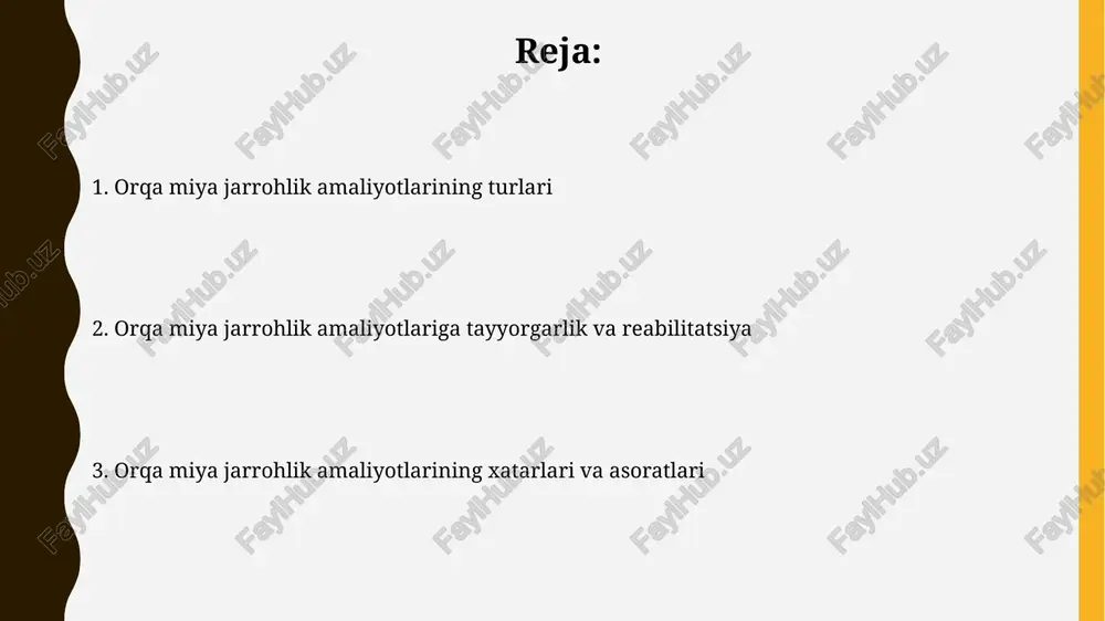 ratlarni tushuntirib berish, shuningdek, operatsiyadan keyingi reabilitatsiya dasturi haqida maʼlumot berish zarur. jarrohlikka tayyorgarlik 72 soat oldin boshlanadi. bemor operatsiyadan oldin 8-12 soat davomida hech narsa yemaydi va ichmaydi. operatsiyadan oldingi kun kechqurun laxatif preparatlar tayinlanishi mumkin, ichakni tozalash uchun. jarrohlikning samaradorligi va natijalari umurtqa pog'onasidagi jarrohlik amaliyotlarining asoratlari 5-10% ni tashkil etadi, jumladan, infektsiyalar, qon ketishlar va nervlarning shikastlanishi kabi xavflar mavjud. jarrohlik muvaffaqiyatining ko'rsatkichi bemorning yoshi, kasallikning og'irligi va umurtqa pog'onasining shikastlanish darajasiga bog'liq bo'lib, 80% hollarda sezilarli yaxshilanish kuzatiladi. orqa miya travmalari jarrohligi laminectomiya kabi jarrohlik usullari orqa miya kanalining bosimini kamaytirishga va shishgan to'qimalarni olib tashlashga yordam beradi; bu esa 60% holatlarda bemorning harakatlanish qobiliyatini yaxshilashga yordam beradi. orqa miya jarrohligida mikrojarrohlik texnikasi, 0.5 mm dan kam diametriga ega asboblarni qo'llash orqali aniq va minimal invaziv operatsiyalarni amalga oshirishga imkon beradi, bu esa asoratlar xavfini kamaytiradi. diskektomiya jarrohligi disk ektomiyasi jarrohligi, lumbal mintaqada (l4-l5 yoki l5-s1 …