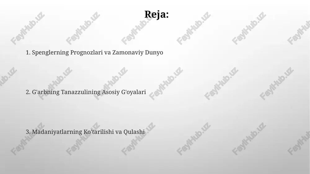 b hisoblaydi. xulosa va muhokama spenglerning "g'arbning qulashi" asarida 2 ta asosiy madaniyat turi – apollon va faustian madaniyatlarining 2000 yildan ortiq davom etgan rivojlanish bosqichlari tahlil qilinadi. spenglerning pessimistlik nuqtai nazariga qaramay, uning "g'arbning qulashi" asaridagi 20-asr boshlaridagi global jarayonlarni bashorat qilishdagi aniqligi, tarixshunoslikda katta ta'sir ko'rsatdi. spenglerning taʼsiri va meros uning tsivilizatsiyalar haqidagi tsiklik nazariyasi, 8 ta yirik madaniyatni taqqoslash orqali, geopolitik tahlillar va tarixiy bashoratlarda keng qoʻllaniladi, lekin koʻpincha tanqidlarga ham uchraydi. spenglerning "gʻarbning qulashi" 20-asr siyosiy falsafasiga, ayniqsa, fashizm va natsizmning gʻoyaviy poydevorini shakllantirishda sezilarli taʼsir koʻrsatdi, bu esa millionlab odamlarning hayotiga taʼsir qildi. gʻarb madaniyatining tanazzul belgilari kitobda qadimgi misr, yunon va rim tsivilizatsiyalarining 1000 yildan ortiq davom etgan rivojlanish sikllari misolida gʻarb madaniyatining muqarrar tanazzulini "organizm" metaforasi orqali tafsillaydi. spengler, "gʻarb madaniyatining tanazzul belgilari"da gʻarb tsivilizatsiyasining 20-asr boshlarida yuz bergan inqirozlarini, jumladan, siyosiy va ijtimoiy beqarorlikni, kapitalizmning rivojlanishini va urushlarning koʻpayishini tahlil qiladi. madaniyatlarning …