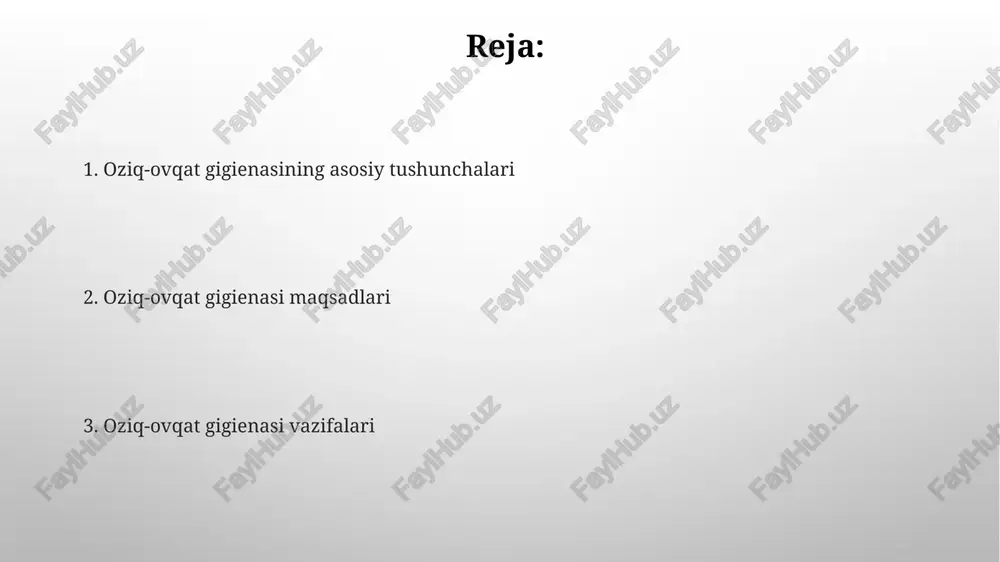 blariga rioya qilish, xususan, qo'llarni tez-tez sovun bilan yuvish, kasallik tarqalishining 70% gacha oldini olishga yordam beradi. oziq-ovqat xavfsizligi tizimlari oziq-ovqat xavfsizligi tizimlarida kritikal nazorat nuqtalari (kkn) aniqlanadi va ularni muntazam ravishda 24 soat davomida monitoring qilish orqali xavfsizlik darajasini 95% gacha oshirish mumkin. oziq-ovqat xavfsizligi tizimlari xalqaro standartlarga, masalan, iso 22000 ga muvofiqligi orqali mahsulot sifati va xavfsizligini ta'minlashga qaratilgan bo'lib, 5 ta asosiy nuqtadan iborat haccp tizimini o'z ichiga oladi. oziq-ovqat gigienasi maqsadlari oziq-ovqat gigienasining asosiy maqsadi – 100% xavfsiz va sifatli oziq-ovqat mahsulotlarini iste’molchilarga yetkazish orqali sog’liqni saqlashni ta’minlash va oziq-ovqat bilan bog’liq kasalliklar sonini 50% ga kamaytirishdan iborat. oziq-ovqat gigienasi maqsadlari orasida, ishlab chiqarish, saqlash va tarqatish jarayonlarida 3 ta asosiy xavf – biologik, kimyoviy va fizik xavflarni nazorat qilish ham bor. fizikaviy xavfsizlik to‘g‘ri saqlash sharoitlari, ya’ni 4-6°c haroratda saqlash, bakteriyalar va mikroorganizmlarning ko‘payishini sekinlashtiradi va mahsulotning fizikaviy xavfsizligini ta’minlashga yordam beradi. oziq-ovqat mahsulotlarining fizikaviy …