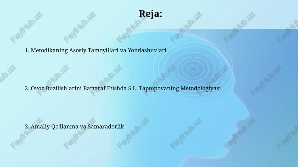 ng – burun, og'iz bo'shlig'i va boshqalarning optimal ishlashini ta'minlashga urg'u beradi. metodika nafas olish organlarining 3 asosiy qismidagi mushaklarning koordinatsiyalangan ishlashini, ya'ni diafragma, qovurg'alararo va qorin mushaklarini ta'minlashga qaratilgan. metodikaning samaradorligi metodikaning samaradorligini baholashda, faqat sub'ektiv baholash emas, balki akustik parametrlar (chastota, amplituda) kabi ob'ektiv ko'rsatkichlar ham ishlatilgan. tadqiqotlar metodikaning 95% patsientlarda ijobiy natija berganini ko'rsatdi, bunda ovoz sifatining yaxshilanishi va ovoz chiqarish funktsiyalarining tiklanishi kuzatilgan. ovoz hosil bo'lish mexanizmi ovoz paychalarining tebranish chastotasi va amplitudasi, ovozning balandligi va kuchini aniqlaydi; bu parametrlar 100 dan 1000 gts gacha oʻzgarib turadi. ovoz hosil boʻlishida nafas olish mushaklarining, xususan, diafragmaning faolligi muhim rol oʻynaydi, taxminan 70% ovoz kuchini taʼminlaydi. artikulyatsiya apparatining roli metodika artikulyatsiya apparatining to'g'ri ishlashini ta'minlash uchun nafas olish tizimi bilan uzviy bog'liqlikni 20 dan ortiq maxsus nafas olish mashqlari orqali o'rgatadi. taptopova metodikasi artikulyatsiya apparatining 7 ta asosiy qismiga, shu jumladan til, lab, jag' va yumshoq tanglayning harakatlariga …