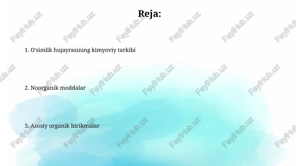 idlarning 90% gacha bo'lishi mumkin, bu esa uning mustahkamligini va shaklini saqlashga yordam beradi. o'simlik hujayrasining 70-80%ini suv tashkil etadi, qolgan qismi esa organik va noorganik moddalardan iborat bo'lib, ularning orasida uglevodlar, lipidlar va oqsillar muhim rol o'ynaydi. lipidler fosfolipidlar, lipidlarning bir turi, hujayra membranasining ikki qavatli tuzilishini hosil qiladi va ularning gidrofob va gidrofil xossalari tufayli selektiv o'tkazuvchanlikni ta'minlaydi. lipidlar o'simlik hujayrasi membranalarining asosiy tarkibiy qismlarini tashkil qiladi, ularning 20-30% ni tashkil etadi va hujayra ichki muhitini tartibga solishda muhim rol o'ynaydi. oqsillar oqsillar fermentlar, tuzilish oqsillari va gormonlar kabi turli xil rollarni o'ynab, hujayra metabolizmi va boshqa jarayonlarida muhim rol o'ynaydi. oqsillar monomer birliklari bo'lmish aminokislotalardan peptid bog'lanishlari orqali hosil bo'lib, ularning ketma-ketligi va uch o'lchovli tuzilishi ularning funksiyasini aniqlaydi. vakuol tarkibi vakuolda ba'zi o'simliklarda 0,5 dan 1% gacha bo'lgan miqdorda organik kislotalar, masalan, limon kislotasi yoki oksalat kislotasi bo'lishi mumkin. antosiyanlar kabi pigmentlar vakuol tarkibiga kiradi va …
