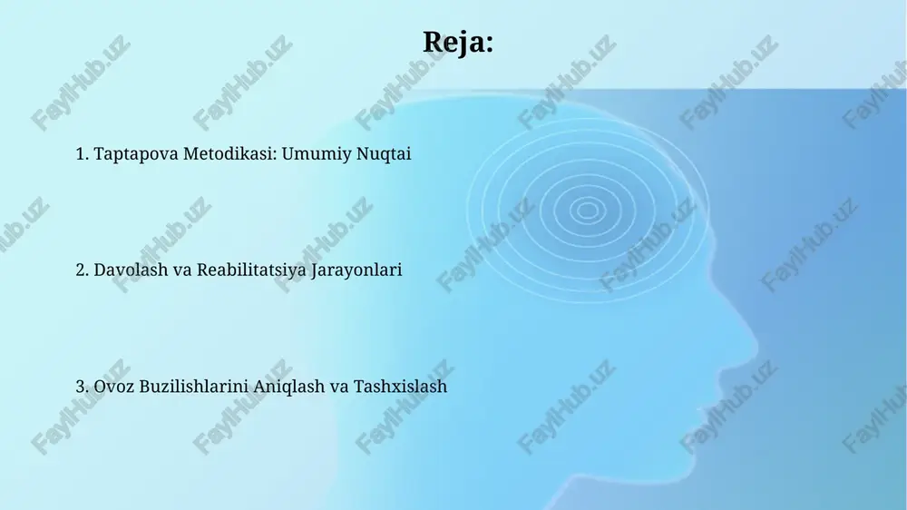 biy ta'sir ko'rsatadigan tamaki va alkogoldan voz kechish muhim ahamiyatga ega. professional ovoz yuklamasidan aziyat chekayotganlarga kun davomida 5-6 marta 15 daqiqalik ovoz dam olish vaqtlari, shuningdek, professional foniatr bilan muntazam konsultatsiyalar tavsiya etiladi. nafas olish mashqlari to'g'ri postural holatni saqlash bilan birgalikda bajarilganda, nafas olish mashqlari ovoz paychalariga 20-30% ko'proq havo oqimini ta'minlaydi. nafas olish mashqlari diafragmaning to'g'ri ishlashini ta'minlashga qaratilgan bo'lib, taxminan 5-7 marta takrorlanadigan 3 turdagi nafas olish texnikalarini o'z ichiga oladi. oldini olish choralari "oldini olish choralari"da nafas olish mashqlari, artikulyatsion gimnastika va tovush chiqarish texnikasini o'z ichiga olgan 15 ta terapevtik mashqlar majmuasi batafsil bayon etilgan. metodika, ovozi buzilgan 100 dan ortiq bemor ustida o'tkazilgan klinik tadqiqotlar natijalariga asoslangan bo'lib, ulardan 85 foizida ijobiy natijalar kuzatilgan. artikulyatsiya mashqlari artikulyatsiya mashqlari kompleksi 15-20 ta turli xil fonetik mashqlarni o'z ichiga olib, har bir mashqni 5-10 marta takrorlash tavsiya etiladi. tovushlarning aniq talaffuzini shakllantirish uchun artikulyatsiya mashqlari, …