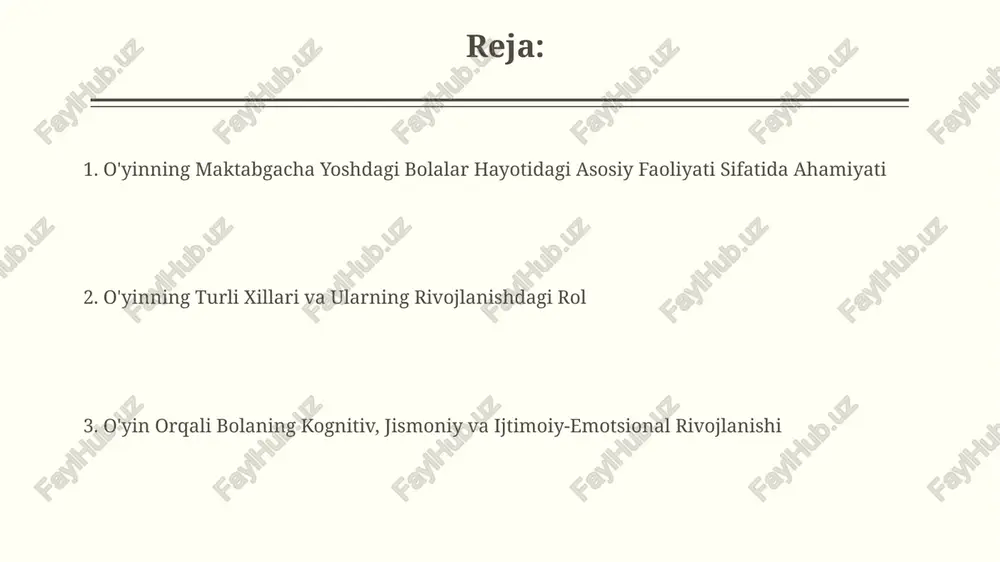 i 3-5 yoshli bolalarda sezilarli darajada yaxshilaydi. o'yin turlari ramziy o'yinlar, masalan, qo'g'irchoqlar bilan o'ynash yoki qum qutilaridan foydalanish, bolaning ijodiy fikrlashini va muammo yechish qobiliyatini rivojlantirishda muhim rol o'ynaydi, bu jarayon 2-5 yosh oralig'ida intensivlashadi. bolalar o'yinlarining 30% dan ortig'i ijtimoiy-rollarni o'ynash, masalan, "shifokor", "o'qituvchi" yoki "oila" kabi rollarni o'z ichiga oladi, bu esa ijtimoiy ko'nikmalarni rivojlantirishga yordam beradi. didaktik o'yinlar didaktik o'yinlar 5-6 yoshli bolalarni raqamlarni, harflarni va sodda matematik amallarni o'rganishga undaydi, bu ularning kognitiv rivojlanishiga ijobiy ta’sir ko'rsatadi va bilim olish jarayonini qiziqarli qiladi. o'yinlarning didaktik maqsadlari aniq bo'lib, 2-3 ta asosiy ta’lim vazifalarini o'z ichiga oladi. masalan, ranglarni o'rganish, geometrik shakllarni farqlash va ularni tasniflash kabi ko'nikmalarni rivojlantirish. o'yinning ahamiyati oʻyin, bolaning kognitiv rivojlanishiga 70% gacha hissa qoʻshishi mumkin, bu esa muammo hal qilish, mantiqiy fikrlash va xotira kabi muhim koʻnikmalarni rivojlantirishni oʻz ichiga oladi. ijtimoiy-emotsional rivojlanishda oʻyinning ahamiyati katta, chunki u bolalarga 3-5 yosh …