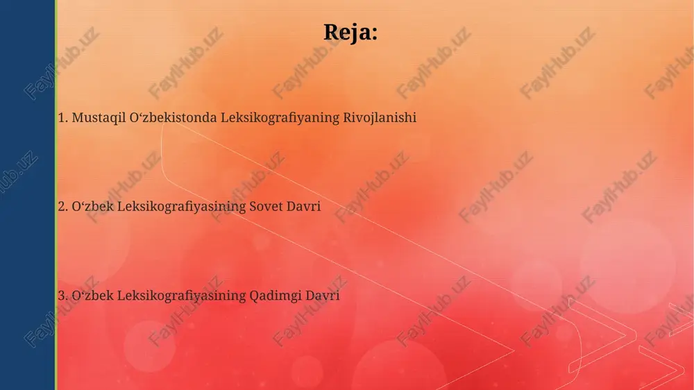 arli ta’sir koʻrsatgan. qadimgi oʻzbek yozma yodgorliklarida, taxminan 1000 dan ortiq soʻz va ibora mavjud boʻlib, ularning aksariyati turkiy til oilasiga mansub boʻlib, leksikografiyaning dastlabki bosqichiga oid muhim ma’lumotlarni beradi. sovet davri oʻzbek leksikografiyasi sovet davridagi leksikografik ishlarda marksizm-leninizm ideologiyasining ta'siri kuchli bo'lib, ba'zi terminlarning ma'nolari siyosiy rangga ega bo'lgan. sovet davrida 20 dan ortiq ikki tilli lug'atlar, jumladan, ruscha-o'zbekcha va o'zbekcha-ruscha lug'atlar yaratildi, bularning ko'pchiligi ilmiy-texnika atamalariga bag'ishlangan. o'zbek tilining "o'zbek tilining izohli lug'ati" kabi katta ko'lamli akademik lug'atlari sovet davrida yaratildi, ular 100 000 dan ortiq so'zni qamrab oldi. zamonaviy oʻzbek leksikografiyasining istiqbollari zamonaviy oʻzbek leksikografiyasida korpus lingvistikasi usullarini qoʻllash orqali 100 000 dan ortiq soʻz va iboralarni oʻz ichiga olgan keng qamrovli lugʻatlar yaratish istiqboli mavjud. sunʼiy intellekt texnologiyalarini qoʻllab, oʻzbek tili lugʻatlarining avtomatlashtirilgan tarjimasi va yangilanishi boʻyicha 2025 yilgacha 3 ta loyiha amalga oshiriladi. oʻzbek tilining turli lahja va shevalarining leksik boyligini aks ettiruvchi 5 ta …