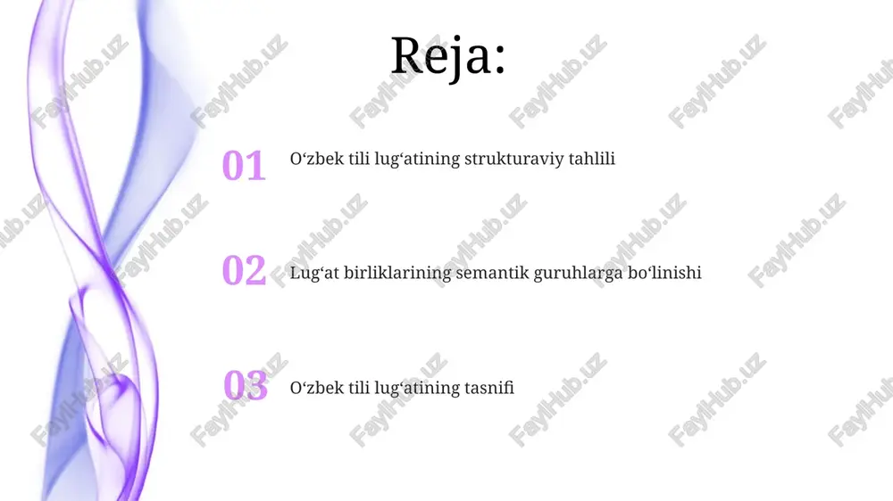 q, bogʻlovchilar (konuyunksiyalar) – 10 ga yaqin va undovlar (interyeksiyalar) – son jihatdan juda koʻp boʻlib, jumla tuzilishida muhim rol oʻynaydi. terminologik leksika terminologik leksikaning yana bir xususiyati, uning ko'p qismi (taxminan 30%) ma'lum bir sohaga tegishli bo'lib, ularning monosemantik xususiyati bilan ajralib turadi. o'zbek tilidagi terminologik leksikaning katta qismi rus va boshqa evropa tillaridan, xususan, 20-asrning ikkinchi yarmidan keyin olingan qarz so'zlardan iborat. terminologik leksika, o'rtacha 5000-7000 atamani o'z ichiga oladi, bular ilmiy, texnik va huquqiy sohalarga mansub mutaxassislar tomonidan faol qo'llaniladi. undov soʻzlar undov soʻzlarning morfologik tuzilishi odatda sodda boʻlib, ularning aksariyati bitta soʻzdan iborat, ammo ba’zan ikki yoki undan ortiq soʻzlarning birikmasidan ham tashkil topishi mumkin. ba'zi undov soʻzlar, masalan, "oh!", "voy!", semantik jihatdan boy boʻlib, kontekstga qarab turli ma'nolarni anglatishi mumkin. undov soʻzlarning 30 dan ortiq asosiy turi mavjud boʻlib, ularning har biri turli xil his-tuygʻularni, masalan, quvonch, gʻazab, hayrat yoki qoʻrquvni ifodalaydi. otlar otlarning morfologik …