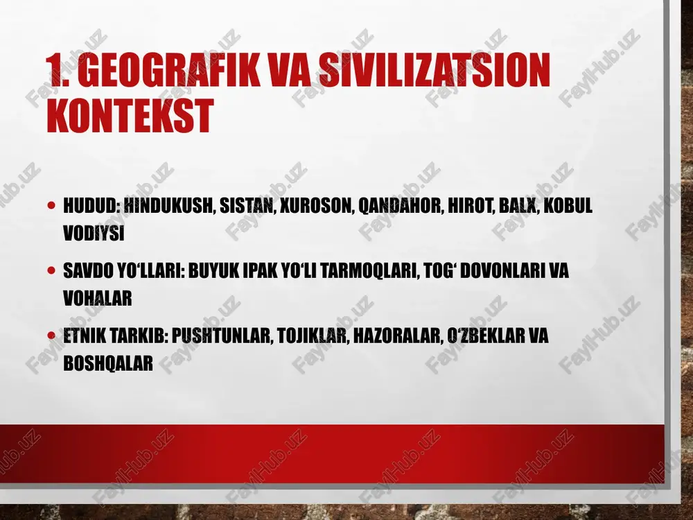 irvays hotak) isfahonning egallanishi va qisqa muddatli hukmronlik mintaqaviy geosiyosiy beqarorlik 11. durroniy imperiyasi (1747–1793) ahmad shoh durroniy qandahorda taxtga o‘tiradi (1747) imperiya kengayishi: hindiston va xuroson yo‘nalishlari soliq, harbiy safarbarlik va ko‘chmanchi-harbiy model 12. durroniylardan keyingi parokandalik timur shoh va vorislar davrida markaziy hokimiyat zaiflashuvi viloyat hokimlari, qabila yetakchilari mustaqilligi kuchayishi kobul, qandahor, hirot o‘rtasidagi raqobat 13. barakzoylar va do‘st muhammadxon (xix asr) barakzoylar sulolasining ko‘tarilishi do‘st muhammadxon boshqaruvi, kobul markazlashuvi islohot urinishlari: moliya, diplomatiya, harbiy boshqaruv 14. «buyuk o‘yin» va tashqi bosim (xix asr) rossiya va britaniya raqobati: chegaralar va ta’sir zonalari tadbirkorlik va tranzit savdoga ta’siri diplomatik missiyalar, shartnomalar, chegara muzokaralari 15. birinchi angliya–afg‘on urushi (1839–1842) shuja ul-mulkni qayta o‘rnatish urinishlari kobul qo‘zg‘oloni va britan garnizonining chekinishi urush oqibatlari: suverenitet va ichki siyosatga ta’sir 16. ikkinchi angliya–afg‘on urushi (1878–1880) sher ali xon davri va keyingi siyosiy bosim gandamak shartnomasi, ingliz tashqi siyosat nazorati abdurahmonxonning hokimiyatga kelishi (1880) …