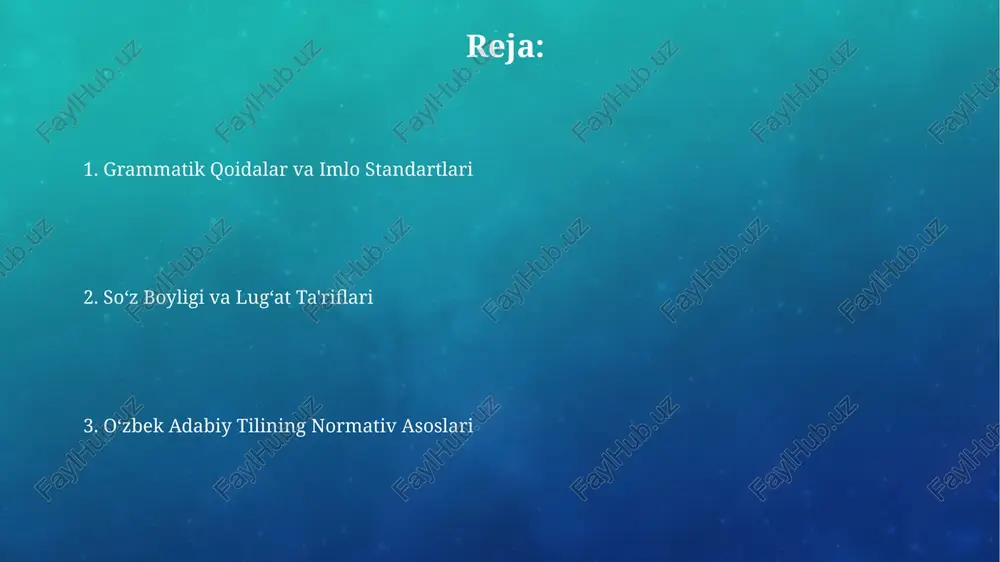 do boʻlishiga olib keldi. grammatika normasi otlarning son jihatidan birlik va koʻplik shakllari, shuningdek, inson va jonsiz otlarning grammatik jinslari tilimisiz soʻz turkumlarining morfologik xususiyatlarini ifodalaydi. oʻzbek grammatikasi 6 ta holat sistemasini oʻz ichiga oladi, shu jumladan, ergativlik hodisasi ham grammatik munosabatlarni aniqlashda muhim rol oʻynaydi. imlo va tartib normasi tartib normalarida jumla tuzilishining 5 ta asosiy turi belgilanib, bular jumlaning grammatik tuzilishini va mantiqiy ketma-ketligini tartibga soladi. imlo normalarida 30 dan ortiq o'zbek alifbosi harflarining yozilishi va qo'llanilishiga oid qoidalar mavjud bo'lib, bular so'zlarning to'g'ri yozilishini ta'minlaydi. stilistika normasi o'zbek tilidagi stilistik normalar 5 ta asosiy talabni o'z ichiga oladi: to'g'rilik, aniqlik, ta'sirchanlik, obrazlilik va mos kelishlik. bu talablar matnning maqsadi va murojaat etilayotgan auditoriyaga bog'liq. stilistik normalar matnning 3 ta asosiy uslubi – badiiy, publitsistik va rasmiy ish yuritish uslublariga bo'linganligini nazarda tutadi. ularning har birida leksika, grammatika va sintaksisda o'ziga xos xususiyatlar mavjud. e'tiboringiz uchun rahmat @taqdimot_robot …