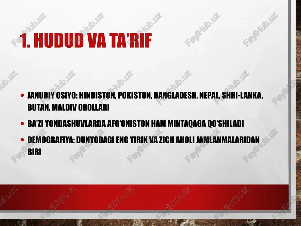 rmon, qishloq xo‘jaligi va qo‘nimsiz-ko‘chmanchi turmush unsurlari madaniy meros: qo‘shiq, raqs, marosim, naqsh va hunarmandchilik 10. oila, qarindoshlik va nikoh patrilineal/patrilokal model ustun, biroq istisnolar mavjud arranged marriage, juyon puli (dowry) va mehir masalalari transmilliy nikohlar, diaspora ta’siri 11. iqtisodiy faoliyat va mehnat dehqonchilik: guruch, bug‘doy, paxta, choy, ziravorlar shahar sanoati va it sektori, xizmatlar iqtisodiyoti norasmiy sektor, hunarmandchilik, bozorlardagi savdo tarmoqlari 12. shaharshunoslik va migratsiya megapolislarda ko‘p madaniyatli muhit (mumbay, dehli, dakka, karaçi) ichki va tashqi migratsiya: mehnat bozori, remittanslar chekka hududlarda infratuzilma va ijtimoiy xizmatlarga kirish 13. material madaniyat va kiyim-kechak sari, salvar-kameez, dhoti, lungi; erkaklar va ayollarga xos kesimlar uy-joy arxitekturasi: iqlimga moslashuv, hovli, ichki makon taomlar: ziravorlar tizimi, vegetarian/halol amaliyotlari 14. marosimlar, bayramlar, san’at diwali, holi, eid, vesak, vaisakhi, durga puja va mahalliy sayillar raqs va musiqa: bharatanatyam, kathak, qawwali, baul an’analari afsona, epiklar: mahabhorat, ramayan talqinlari 15. til siyosati va identitet davlat tillari va mintaqaviy …