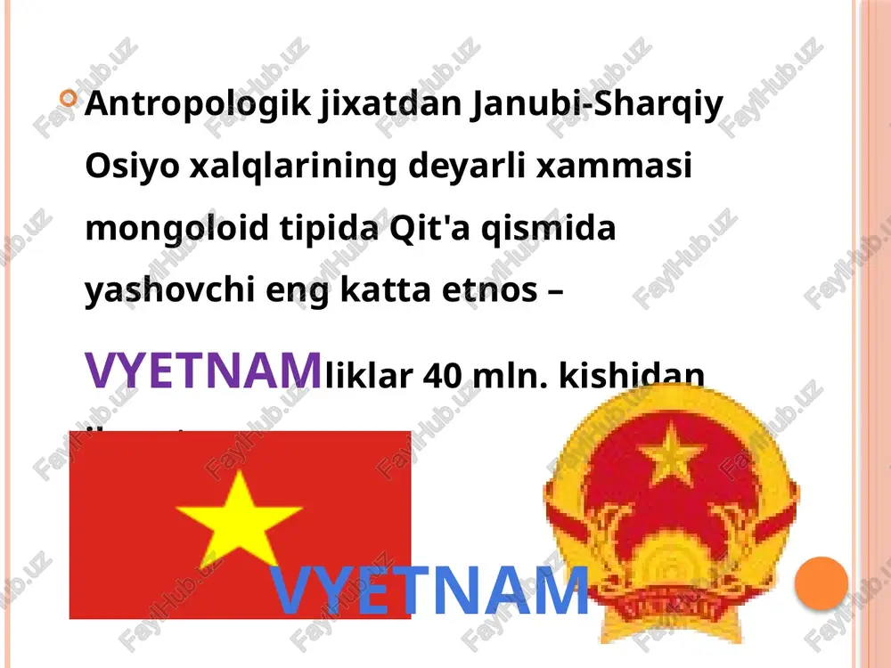 nalarning keng tarkalishiga sabab bulgan. vii-viii va ayniksa xiv asrlarda indoneziya va malayziyaga qisman filippinga, vyetnam va kampuchiyaga islom dini tarkala boshlagan. janubi-sharqiy osiyoning serunum tuprogi, namli va issik iqlimi qadimiy davrlardan dexqonchilik xo’jaligini, ayniqsa sholikorlikni keng tarqalishiga sabab bo’lgan. buddizm butun xindixitoy yarim orolida eng keng tarkalgan diniy tasavvurdir. birma axolisining 83 foizi, kampuchiya va laosda taxminan 90 foizi, tailandda 94 foizni buddaistlar tashkil kiladi. vyetlarning xam ko’pchiligi buddizm dini buysunadi. ibtidoiy diniy e'tikodlar qisman birma, tailand, vyetnam, laos va sharkiy timorda xozirgacha saqlangan. sumatra, kalimantan va filippinning ayrim orollarida urug-qabilaviy dinlar xaligacha uchraydi. indoneziyada islom dini xukmron, ya'ni axolisining 94 foizi musulmon, 4 foizi xristian, kolgani induistlar va buddistlardan iborat. maxayana bilan boshka sharqiy dinlar va xristianlikning aralashmasidan ikkita yirik sinkretik mazxablar paydo bulgan. filippin axolisining 90 foizi xristian diniga o’tgan, ko’pchiligi katoliklar. image2.png image3.png image4.png image5.png image6.png image7.png image8.png image9.png image10.png image11.png image12.png image13.png image14.png image15.png image16.jpeg …