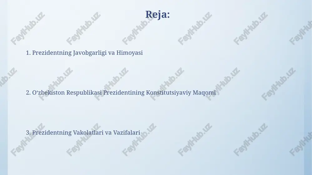 15 kun ichida qayta koʻrib chiqish uchun qaytarishi mumkin, bu esa qonunlar sifatini oshirishga xizmat qiladi. oʻzbekiston respublikasi prezidenti qonun loyihalarini xalq palatasi yoki senati tomonidan koʻrib chiqish uchun taqdim etish huquqiga ega boʻlib, bu uning qonun chiqarish jarayonidagi faol ishtiroki hisoblanadi. prezidentning saylanishi va vakolat muddati prezident bir muddatga saylanadi va qayta saylanishi mumkin emas. konstitutsiya unga ikki muddatdan ortiq prezident bo‘lish huquqini bermaydi. prezident uzbekiston respublikasi fuqarolari tomonidan 5 yil muddatga bevosita va yashirin ovoz berish yo'li bilan saylanadi. prezidentning isteʼfosi va lavozimidan ozod etilishi prezidentning isteʼfosi faqat oʻzining yozma ravishda bildirilgan ixtiyoriy istagi bilan amalga oshiriladi va konstitutsiyaning 93-moddasida tartibga solingan. konstitutsiya prezidentni lavozimidan ozod qilishning ikkita asosiy sababini belgilaydi: isteʼfo va impichment jarayoni orqali, ikkinchisi 2/3 ovoz bilan parlament tomonidan amalga oshiriladi. prezidentning majburiyatlari prezident oʻzbekiston respublikasining ichki va tashqi siyosatini amalga oshirishda, xalqaro munosabatlarda davlat nomidan harakat qilib, 20 dan ortiq elchilarni tayinlash huquqiga ega. …
