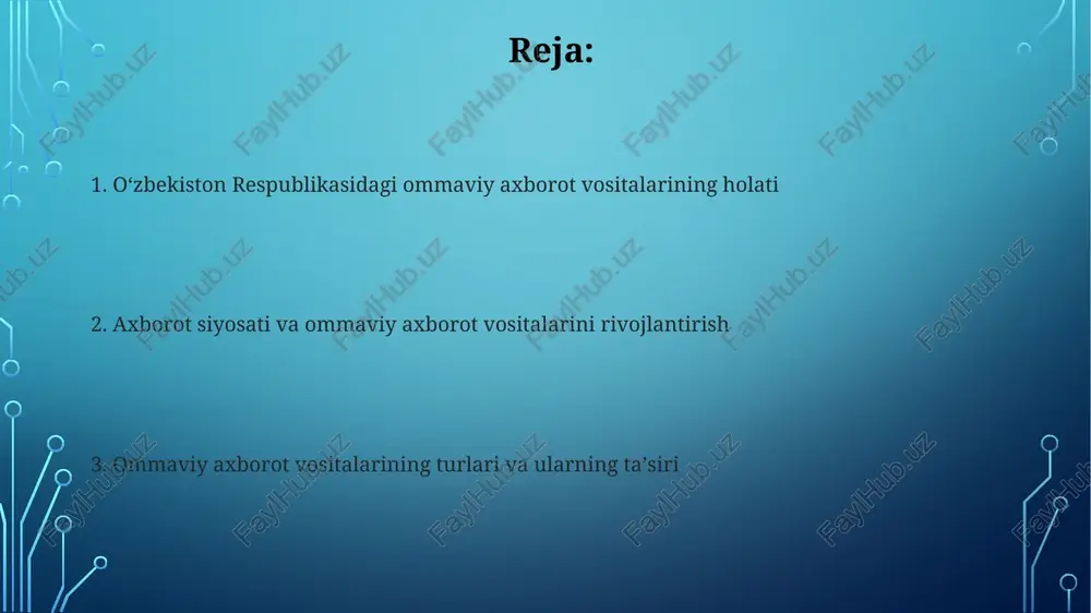 dan buyon 10 barobarga oshgan bo'lib, ularning ko'pchiligi internet platformalari orqali faoliyat yuritadi va mahalliy voqealarni yoritadi. axborot agentliklarining ishonchliligi va mustaqilligini baholash bo'yicha xalqaro tashkilotlar tomonidan o'tkazilgan so'nggi tadqiqotlar, matbuot erkinligi indeksidagi o'rinlarni ko'rsatadi. matbuotning hozirgi holati 2023 yil maʼlumotlariga koʻra, oʻzbekistonda taxminan 500 ga yaqin turli yoʻnalishdagi ommaviy axborot vositalari faoliyat koʻrsatmoqda, biroq raqamli platformalar tez sur’atlar bilan ommalashib bormoqda. oʻzbekistondagi matbuotning 70% dan ortigʻi davlat nazorati ostida boʻlib, mustaqil nashrlar soni cheklangan. internet va ijtimoiy tarmoqlar oʻzbekistonda internet foydalanuvchilarining soni 2023 yilga kelib 20 milliondan oshdi, ijtimoiy tarmoqlar esa aholining katta qismini qamrab olgan asosiy kommunikatsiya vositasiga aylandi. hukumat tomonidan ijtimoiy tarmoqlarni nazorat qilish va axborot xavfsizligini taʼminlashga qaratilgan chora-tadbirlar, shu jumladan, kontentni filtrlash va cheklash siyosati amalga oshiriladi. ommaviy madaniyat va uning ta'siri ijtimoiy tarmoqlarda faol boʻlgan foydalanuvchilar soni 2023 yilda 15 milliondan oshdi, bu ommaviy madaniyatni shakllantirishda ularning taʼsirini sezilarli darajada oshiradi. televideniye va radioeshittirish …