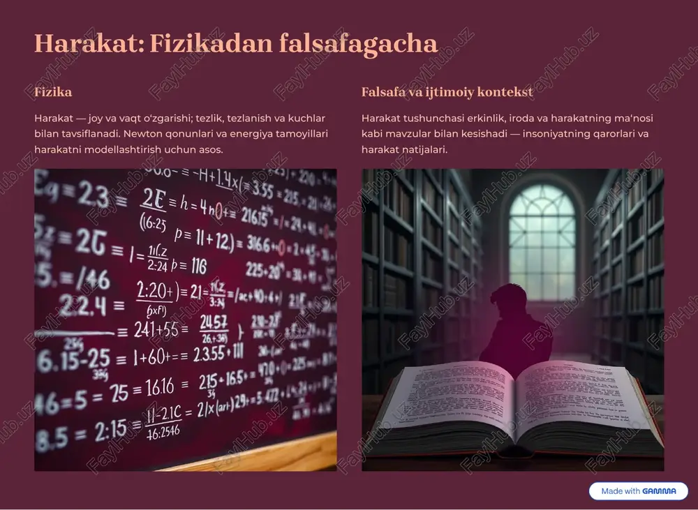 tsiyada harakatning roli robotlar uchun harakat 4 navigatsiya, manipulyatsiya va moslashuvchanlik. yaxshi rejalashtirilgan trayektoriya va sensor integratsiyasi samaradorlikni oshiradi. muammolar: xavfsiz inson-robot hamkorligi, real-vaqt qabul qilish va energiya cheklovi. https://gamma.app/?utm_source=made-with-gamma insonning harakat erkinligi va cheklovlar fizik cheklovlar reabilitatsiya, protezlar va yordamchi qurilmalar orqali erkinlikni tiklash. atrof-muhit cheklovlari arxitektura, transport va shahar dizayni accessibility tamoyillarini talab qiladi. psixologik omillar haddan tashqari stress yoki fobiya harakatga to8sqinlik qilishi mumkin 4 sotsioterapiya yordam beradi. https://gamma.app/?utm_source=made-with-gamma harakatni taqlid qilish va modellashtirish texnologiyalari simulyatsiya, fizik modellar va mashinani o8rganish yordamida harakatni taxmin qilish, optimallashtirish va sinash mumkin. 0 40 80 120 physics ml hybrid gibrid yondashuvlar aniq va moslashuvchan natija beradi. https://gamma.app/?utm_source=made-with-gamma kelajakda harakatlanish konsepsiyalari vertikal havoda harakat uav va evtol texnologiyalari shaharlararo va shahar ichidagi mobilitetni o8zgartiradi. ultra-yuqori tezlik maglev va vakuum tunellari masofalarni qisqartiradi 4 logistika inqilobi. ulanish va avtomatlashtirish v2x integratsiyasi xavfsizlik va samaradorlikni sezilarli oshiradi. https://gamma.app/?utm_source=made-with-gamma xulosa va keyingi qadamlar harakat …