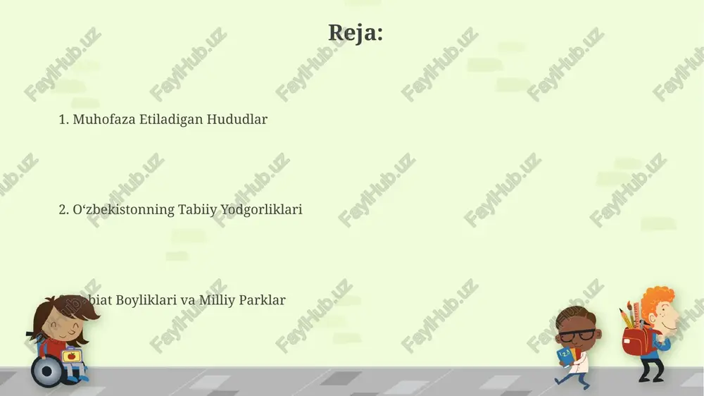 abiat yodgorliklari xorazm viloyatining cho`l hududlarida 20 ga yaqin endemik o`simlik turlari, ya’ni faqat shu hududda uchraydigan o`simliklar mavjud. xorazm viloyatining amudaryo deltasida 50 dan ortiq qush turlari, jumladan, jahon tabiat muhofazasi ittifoqi (iucn) qizil kitobiga kiritilgan noyob turlar yashaydi. kelajakdagi rejalar kelajakdagi rejalar 5 yil ichida 10 ta yangi tabiiy yodgorlikni qo'riqxona maqomiga olishni, shuningdek, ularning turizm infratuzilmasini rivojlantirishni o'z ichiga oladi. tabiiy yodgorliklarni himoya qilish bo'yicha 20 ta yangi loyiha amalga oshirilib, bioxilma-xillikni saqlashga va ekologik turizmni rivojlantirishga qaratilgan. qoradaryo qoʻriqxonasi qoʻriqxona hududida oʻsimlik dunyosining 700 dan ortiq turi, jumladan, 20 ga yaqin endemik oʻsimliklar uchraydi, bu esa uning boy bioxilma-xilligini koʻrsatadi. qoradaryo qoʻriqxonasining hududi 25000 ga yaqin gektarni egallaydi va bu yerda 50 dan ortiq qushlarning, shuningdek, noyob sutemizuvchilarning turli xil turlari yashaydi. buxoro viloyatining tabiat yodgorliklari buxoro viloyatida 20 dan ortiq geologik yodgorliklar mavjud bo'lib, ulardan 5 tasi xalqaro ahamiyatga ega bo'lgan noyob paleontologik qoldiqlarni o'z …