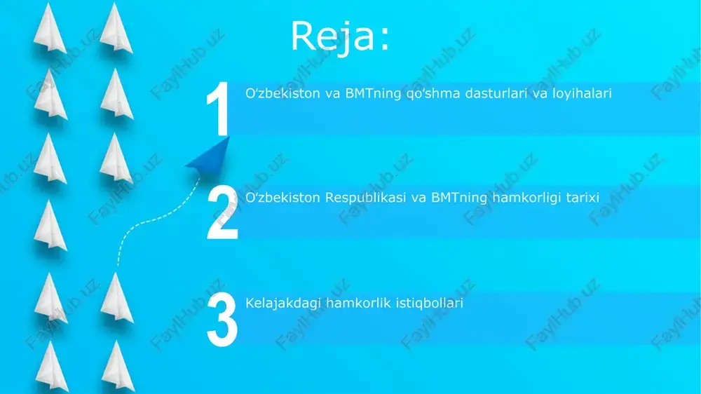 ga ega. suv resurslarini boshqarish un, oʻzbekistonga suv resurslarini boshqarish sohasida 50 million dollardan ortiq moliyaviy yordam koʻrsatgan, bu mablagʻlar asosan suv xoʻjaligini modernizatsiyalashga yoʻnaltirilgan. oʻzbekiston suv resurslarini boshqarishda un-ning 20 dan ortiq dasturiy loyihalarida faol ishtirok etmoqda, bu esa suv taʼminoti va sugʻorish samaradorligini oshirishga qaratilgan. ta’lim va fan sohasidagi hamkorlik start oʻzbekiston va bmt oʻrtasidagi ta’lim sohasidagi hamkorlik doirasida 2021-2025 yillarga moʻljallangan 5 ta qoʻshma loyiha amalga oshirilmoqda, ularning umumiy byudjeti 10 million aqsh dollarini tashkil etadi. bmtning ta’lim, fan va madaniyat masalalari boʻyicha tashkiloti (unesco) bilan hamkorlikda, oʻrta maxsus va oliy ta’lim muassasalarida oʻqituvchilarning malakasini oshirish boʻyicha 300 dan ortiq trening oʻtkazildi. sogʻliqni saqlash sohasidagi hamkorlik oʻzbekiston respublikasi va bmtning qoʻshma loyihalari natijasida 2022-yilda onalar va bolalar oʻlimi koʻrsatkichlari 15% ga kamaydi, bu esa sogʻliqni saqlash sohasidagi samarali hamkorlikning yorqin misolidir. oʻzbekistonning sogʻliqni saqlash tizimini raqamlashtirish boʻyicha bmtning texnik yordami 30 dan ortiq tuman shifoxonalariga zamonaviy tibbiy …