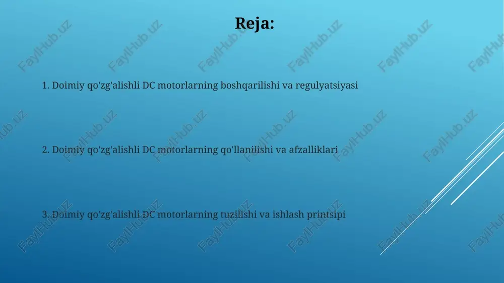 alikda ishlatiladi. doimiy qo'zg'alishli dc motorlarning boshqarilishi kuchlanishni 5-10 v oralig'ida o'zgartirish orqali, doimiy qo'zg'alishli dc motorning momenti va tezligini nisbatan sodda usulda boshqarish mumkin. doimiy qo'zg'alishli dc motorlarning tezligini 0 dan 1500 rpm gacha silliq o'zgartirish uchun pulse-width modulation (pwm) texnologiyasidan foydalanish mumkin, bu esa samaradorlikni oshiradi. doimiy qo'zg'alishli dc motorlarning mexanik xususiyatlari doimiy qo'zg'alishli dc motorlarning mexanik xususiyatlari tezlikning yukga bog'liqligi past bo'lib, taxminan 10-15% oralig'ida o'zgaradi, bu ularni tezlikni aniq boshqarish talab qilinadigan qo'llanmalar uchun moslashtiradi. doimiy qo'zg'alishli dc motorlarning samaradorligi 80-90% oralig'ida yuqori bo'lib, ularni energiyani tejash muhim bo'lgan dasturlar uchun yaxshi tanlov qiladi, ammo yo'qotishlar asosan mexanik ishqalanish va elektr qarshiliklari bilan bog'liq. doimiy qo'zg'alishli dc motorlarning elektr xususiyatlari doimiy qo'zg'alishli dc motorlarda moment to'g'ridan-to'g'ri armatura tokiga proporsional bo'lib, 100% samaradorlikka yaqinlashganda momentning o'zgarishi minimal darajada bo'ladi. bunday motorlarda tezlikni boshqarish uchun armatura zanjiriga qo'shimcha qarshilik ulash mumkin, bu esa tezlikni 50% gacha pasaytirishi mumkin, …