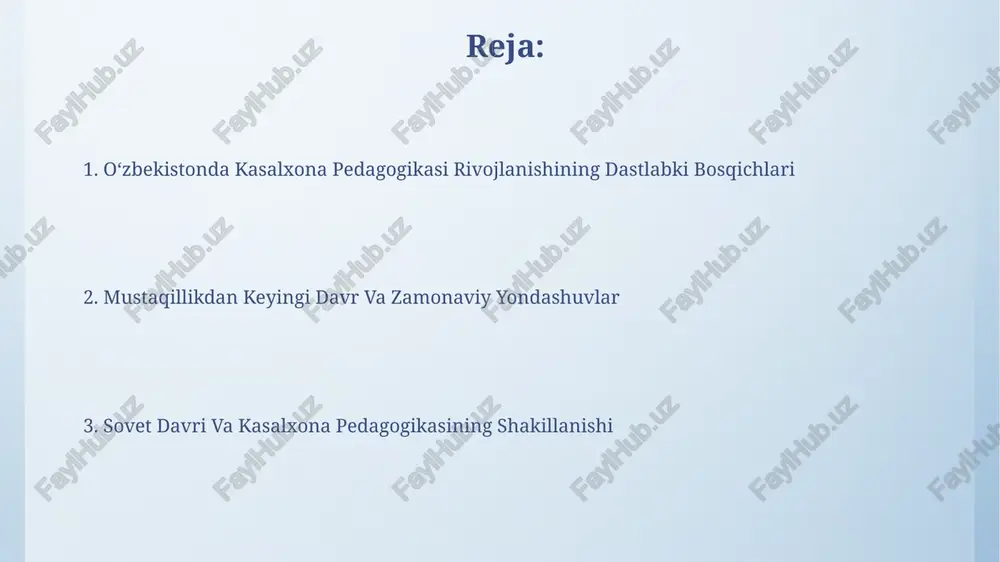 a o'rtacha 15% ga o'sib, o'quv jarayonini yanada samarali qildi. oʻzbekistonda kasalxona pedagogikasi tarixiga kirish oʻzbekistonda kasalxona pedagogikasi 20-asrning 30-yillarida, asosan, bolalar kasalxonalarida, sogʻliqni saqlash xodimlarining cheklangan resurslari bilan boshlangan. sovet davri tugagandan soʻng, 1990-yillardan keyin kasalxona pedagogikasi milliy oʻziga xoslikni aks ettiruvchi, taʼlimning turli uslublarini qoʻllagan holda rivojlandi. sovet davri kasalxona taʼlimi sovet davridagi kasalxona ta'limidagi muhim kamchilik 1970-1980 yillarga kelib yangi tibbiyot texnologiyalari va bilimlarning etishmasligi sababli o'quv dasturlarining eskirib qolishi bo'lgan. sovet davrida 1930-yillardan boshlab kasalxona ta'limi tizimida asosan amaliy ko'nikmalarni o'rgatishga ustuvorlik berilgan bo'lib, nazariy bilimlar kamroq e'tibor qilingan. kasalxona pedagogikasi metodlari va texnologiyalari sog'liqni saqlash xodimlarini tayyorlashda simulyatsion texnologiyalarni qo'llash orqali 85% ga yaqin amaliy ko'nikmalarni egallash va bemorlar bilan muloqotni yaxshilash natijalariga erishildi. kasalxona pedagogikasi metodlari sifatida 5 yoshdan 15 yoshgacha bo'lgan bolalar uchun 3 ta asosiy o'quv dasturi va 20 dan ortiq interaktiv o'yinlardan foydalanish samaradorligi o'rganilgan. kelajakdagi rejalar va perspektivalar respublika miqyosida …