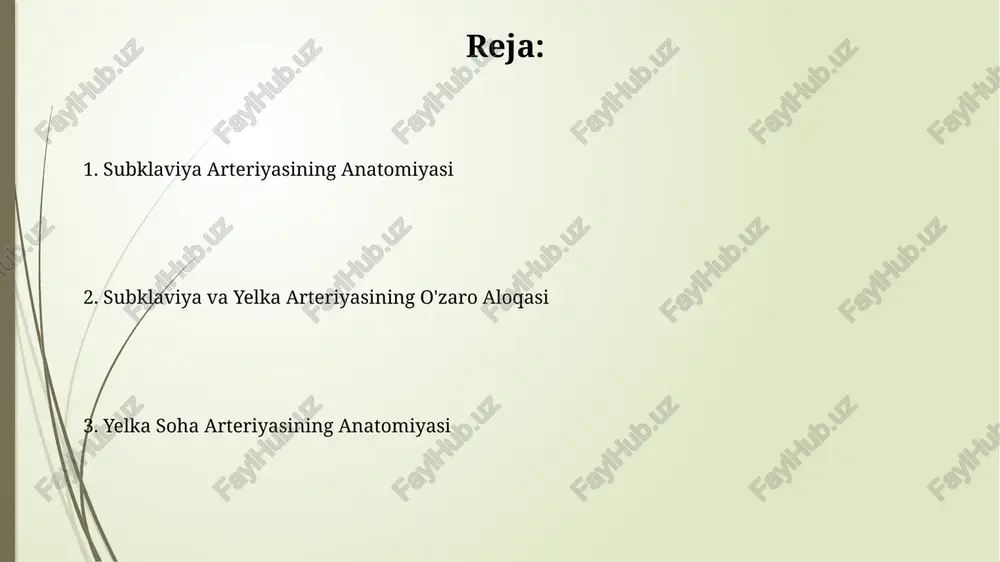 d bo'lib, ular nafas olish va qon aylanish tizimining muhim qismlarini ta'minlaydi. aksilar arteriyasi va uning topografiyasi aksilar arteriyaning topografik joylashuvi pektoral kichik va katta mushaklar, korakoid jarayon va skapula orasida joylashgan bo'lib, bu sohada nervlar va tomirlarning murakkab to'plami mavjud. aksilar arteriyasi ko'krak qafasi chiqish joyidan i qovurg'aning tashqi chetidan boshlanib, teres major mushagining pastki chegarasigacha 3 qismga bo'linadi: i, ii va iii qismlar. yonoq arteriyasi va uning topografiyasi yonbosh arteriyasi ko'krak bo'shlig'iga kirishdan oldin, i-qovurg'aning yuqori qirrasi orqasidan o'tib, bir nechta muhim shoxlarga, jumladan, o'mrov osti arteriyasiga (a. axillaris) bo'linadi. yonbosh arteriyasining topografiyasi, uning atrofidagi tuzilmalar (plevra kupi, nervlar) bilan yaqin aloqasi tufayli, jarrohlik amaliyotlarida yuqori aniqlikni talab qiladi, chunki jarohatlar jiddiy asoratlarga olib kelishi mumkin. vertebral arteriya va uning klinik ahamiyati vertebral arteriya subklaviya arteriyasidan tarmoqlanib, bosh va bo'yinning orqa qismini qon bilan ta'minlashda muhim rol o'ynaydi, uning shikastlanishi gidrosefaliya kabi jiddiy asoratlarga olib kelishi mumkin. vertebral …