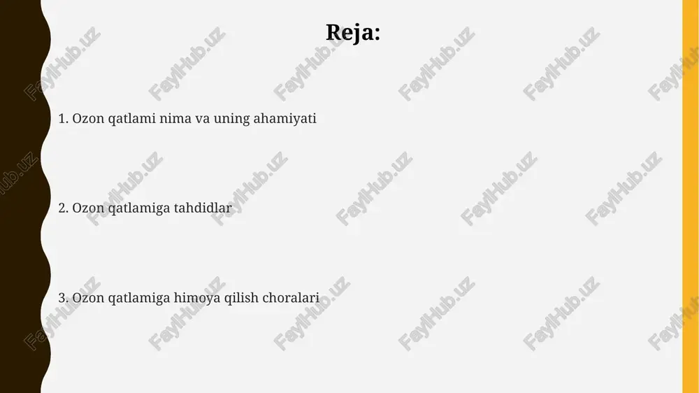 chiqadigan zararli moddalarning uzoq muddatli ta'siriga nisbatan sezilarli darajada kamroqdir. ozon qatlami funksiyalari ozon molekulalari (o3) quyoshdan keladigan zararli uv-b nurlanishini yutib, issiqlik hosil qiladi va shu bilan stratosferaning haroratini tartibga soladi. ozon qatlami yer yuzasidagi hayotni 95-99% zararli ultra binafsha nurlanishdan (uv-b) himoya qiladi, bu esa terining saratoni va ko'z kasalliklari xavfini sezilarli darajada kamaytiradi. ozon qatlami atmosfera tarkibidagi ozonning 90% ini o'z ichiga oladi, 10-50 km balandlikda joylashgan va stratosfera deb ataladigan qatlamda mavjud. monreal protokolining ahamiyati monreal protokolining asosiy ahamiyati 1987-yilda ozon qatlamini buzuvchi 96 ta moddaning chiqarilishini kamaytirish boʻyicha xalqaro hamkorlikni taʼminlashda edi, bu esa atmosfera muhofazasi uchun muhim qadam boʻldi. monreal protokolining muvaffaqiyati, global miqyosdagi muammoni hal qilish uchun xalqaro hamkorlikning samaradorligini koʻrsatib, 190 dan ortiq davlatning ishtirokini taʼminladi va atrof-muhitni muhofaza qilishda muhim rol oʻynadi. protokol tufayli ozon qatlamini buzuvchi moddalar, masalan, xlorofluorokarbonlar (cfc) ishlab chiqarish va isteʼmol qilinishi sezilarli darajada kamaydi, bu ozon …
