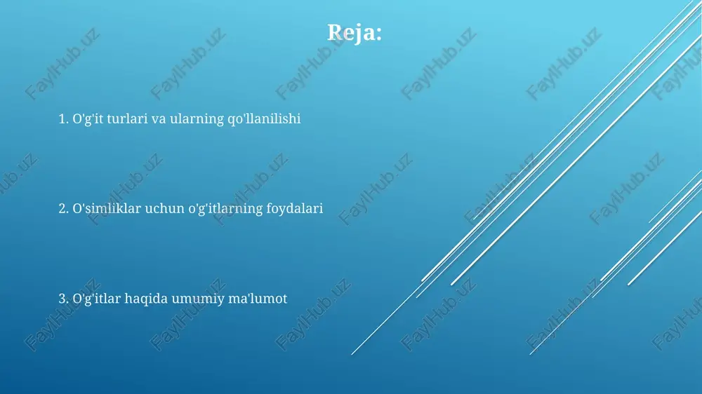 tuproq mikroflorasini boyitib, 5-10 million dona foydali bakteriyalarni bir gramm tuproqqa qo'shadi. o'simliklarning o'g'itga bo'lgan ehtiyoji o'g'itlar o'simliklarning tuproqdan ozuqa elementlarini yutishini yaxshilaydi, bu esa hosildorlikni 20-30% ga oshirishi mumkin, ayniqsa mikroelementlar yetishmaganda. tuproqning unumdorligini saqlash va yaxshilash uchun, o'simliklarning o'ziga xos ehtiyojlarini hisobga olgan holda, yiliga kamida 2-3 marta muvozanatli o'g'itlash tavsiya etiladi. o'simliklarning optimal o'sishi va rivojlanishi uchun 16 ta asosiy ozuqa elementiga, shu jumladan azot, fosfor va kaliyga ehtiyoji bor, ularning nisbati turli xil o'simliklar uchun farq qiladi. o'g'itlarning tarkibi ba'zi murakkab o'g'itlar tarkibiga organik moddalar, masalan, gumus yoki kompost ularning miqdori 10-30% gacha bo'lishi mumkin, bu esa tuproq unumdorligini oshiradi va o'simliklarning sog'lom o'sishini ta'minlaydi. mikroelementlar, masalan, temir (fe), marganets (mn), sink (zn) va bor (b) ularning miqdori o'g'itning umumiy massasining 0,1% dan kamroq bo'lishi mumkin, lekin o'simliklarning o'sishi uchun juda muhimdir. o'g'itlarning tarkibida asosiy ozuqa elementlari – azot (n), fosfor (p) va kaliy (k) ularning …