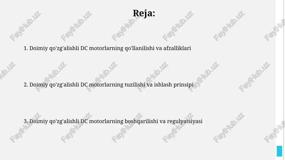n) signali yordamida silliq boshqarish mumkin, bu esa energiya samaradorligini oshiradi. doimiy qo'zg'alishli dc motorlarning ta'mirlash va texnik xizmati motorning sovutish tizimini, masalan, ventilyatorlarni yoki radiatorlarni, kamida har 3 oyda bir marta tozalash va tekshirish muhim, chunki to'plangan chang va ifloslanishlar issiqlik tarqalishini qiyinlashtiradi. doimiy qo'zg'alishli dc motorlarning kommutator cho'tkasi 6-12 oyda bir marta tekshirilib, kerak bo'lganda almashtirilishi kerak, chunki ularning aşınması motor samaradorligiga ta'sir qiladi. doimiy qo'zg'alishli dc motorlarning quvvat xarakteristikalari motorning quvvat-tezlik xarakteristikasi parabolik shaklga ega bo'lib, maksimal quvvat nominal tezlikning taxminan 75% da erishiladi, bu esa samaradorlikning optimal nuqtasini belgilaydi. doimiy qo'zg'alishli dc motorlarning moment-tok xarakteristikasi deyarli chiziqli, ya'ni qo'llaniladigan tokning 50% ga oshishi momentning deyarli 50% ga oshishiga olib keladi. doimiy qo'zg'alishli dc motorlarning qo'llanilishi ushbu motorlarning samaradorligi 85% ga yetadi va 0.1-10 kvt oralig'ida quvvatga ega bo'lgan turlari mavjud, bu esa ularni turli xil quvvat talablariga moslashuvchan qiladi. doimiy qo'zg'alishli dc motorlar yuqori momentga ega …