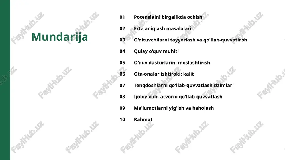 uchun aniq maqsadlar, turar joy va strategiyalarni belgilaydi. muntazam ko'rib chiqish va tuzatishlar davomiy taraqqiyotni ta'minlaydi. erta aniqlash oilalarni zarur resurslar bilan bog'laydi. jumladan, terapevtik xizmatlar, yordamchi texnologiyalar va bolaning rivojlanishini maksimal darajada oshirish uchun maxsus yordam dasturlari. 4 3 o'qituvchilarni tayyorlash va qo'llab-quvvatlash inklyuziv sinflar uchun o'qituvchilarning imkoniyatlarini kengaytirish. o'qituvchilar turli xil ta'lim ehtiyojlarini tushunib, inklyuziv o'qitish metodologiyasi bo'yicha treningdan o'tadilar. imkoniyati cheklangan o'quvchilarni samarali qo'llab-quvvatlash strategiyalarini ishlab chiqish. uzluksiz o‘rganish o‘qituvchilarni ilg‘or tajribalardan xabardor qiladi. resurslar, seminarlar va mentorlik dasturlariga kirish ularning inklyuziv o'qitish ko'nikmalarini oshiradi. o'qituvchilar, maxsus o'qituvchilar va terapevtlar o'rtasidagi hamkorlikni osonlashtirish qo'llab-quvvatlovchi muhitni yaratadi. tajriba va strategiyalarni almashish barcha talabalarga foyda keltiradi. o'qituvchilarni zarur materiallar, yordamchi texnologiyalar va sinf xonalari bilan ta'minlash. har bir talaba uchun qulay va inklyuziv ta'lim muhitini yaratish. 5 4 qulay o'quv muhiti jismoniy va pedagogik jihatdan qulay joylarni yaratish. sinf xonalari va maktab binolari barcha o'quvchilar uchun jismoniy foydalanish imkoniyatini …