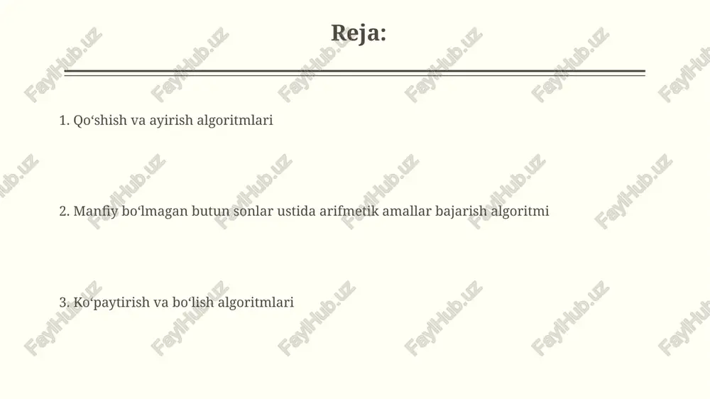o'lish amalini bajaradi va natijada qoldiqni 0 dan bo'luvchidan kichik bo'lgan butun son sifatida aniqlaydi. bu algoritm takrorlanuvchi ayirish yoki bo'lish amallariga asoslangan. murakkablik tahlili murakkablik tahlili, algoritmlarni taqqoslashda, eng yomon holat, o'rtacha holat va eng yaxshi holat senariylarini hisobga olib, algoritmning samaradorligini aniqlash uchun ishlatiladi. murakkablik tahlilini o'tkazishda, asosiy operatsiyalar soni, masalan, qo'shish, ayirish yoki ko'paytirish operatsiyalari, kirish ma'lumotlarining hajmi bilan bog'liq funksiya sifatida ifodalanadi. ayirish algoritmi ayirish algoritmi, o'nlik sanoq sistemasida ikki sonni ayirish uchun, bitta raqamdan boshlab o'ngdan chapga qarab, har bir ustunda yuqori raqam pastki raqamdan kichik bo'lsa, o'ngdagi ustundan 10 birlik olib qo'shiladi. agar ayirish amalini bajarish jarayonida, yuqori qatordagi raqam pastki qatordagi raqamdan kichik bo'lsa, qo'shni yuqori darajadagi raqamdan 1 birlik qarzga olinadi va 10 ga qo'shiladi. natijada, ayirma aniqlanadi. xatolarni aniqlash va tuzatish bo'lish amallarida qoldiqni noto'g'ri hisoblash yoki butun qismini aniqlashda xatoliklar 1 dan 10% gacha bo'lishi mumkin. bunday xatolarni aniqlash uchun …