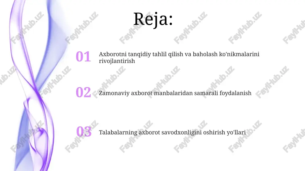 nuqtai nazardan ma’lumotni tahlil qilish va o‘z fikrini asoslash imkoniyatini berish muhim. axborot xavfsizligi va axloqiy masalalari axborot xavfsizligi bo'yicha 3 ta asosiy tahdid: firibgarlik, shaxsiy ma'lumotlarning oshkor bo'lishi va kiberxujumlar, ularning oldini olish uchun 2 omilli autentifikatsiya va kuchli parollardan foydalanish muhim. o'quvchilarning 80% dan ortig'i ijtimoiy tarmoqlardan foydalanadi, shuning uchun axborot manbalarini baholash va yolg'on axborotni aniqlash bo'yicha ko'nikmalarni rivojlantirish zarur. axloqiy jihatdan to'g'ri axborotdan foydalanish, ya'ni plagiat qilmaslik va manbalarni to'g'ri keltirish, o'quvchilar uchun akademik halollikni ta'minlashda muhim rol o'ynaydi. axborotni qidirish va topish strategiyalari kiritayotgan so'zlar sonini 3-5 ta kalit so'z bilan cheklash va turli sintaktik tuzilmalarni (masalan, sinonimlar, bog'lovchilar) qo'llash qidiruv natijalarining tegishliligini oshiradi. axborotni samarali qidirish uchun 5 ta turli manbadan foydalanish, masalan, kutubxona kataloglari, ma'lumotlar bazalari, veb-saytlar va boshqalar, natijalarni diversifikatsiya qilish va aniqlikni oshirishga yordam beradi. google scholar kabi ixtisoslashgan qidiruv tizimlaridan foydalanish, aksariyat hollarda 10 ta natijadan ortiqroq o'rganish bilan ilmiy …