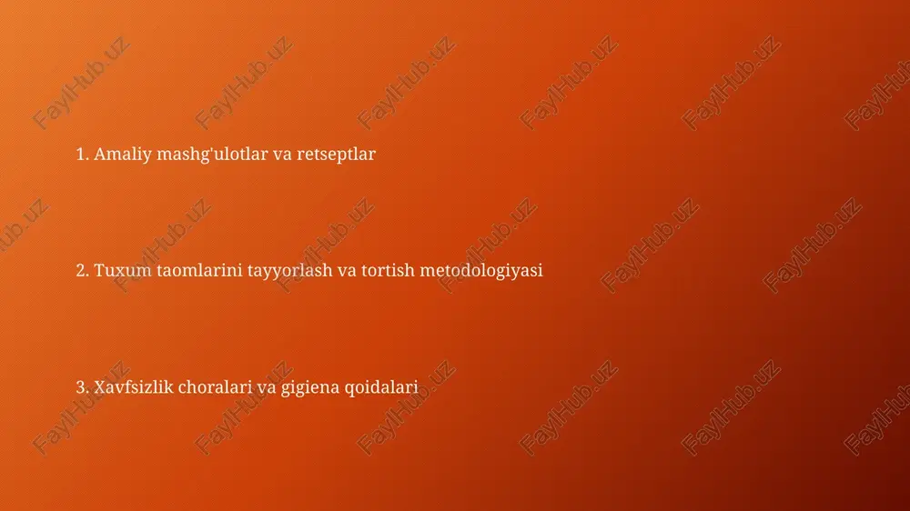 eklarni 180-200°c haroratdagi qizdirilgan tovada 2-3 daqiqa davomida har ikki tomonidan qovurish lozim, bu esa oltin rangli va yaxshi pishirilgan mahsulotni olish imkonini beradi. qaynatilgan tuxum tayyorlash qaynatilgan tuxumni 7-10 daqiqa davomida qaynatish oqsilning to'liq pishishi va sariyog'ining kerakli zichlikka yetishi uchun optimal vaqt hisoblanadi. tuxumni sovuq suvga solib qaynatish uni yorilishdan himoya qiladi va bir xil pishib yetishini ta'minlaydi, bu esa 5-7 daqiqadan keyin yaxshi natija beradi. omlet tayyorlashning turli usullari omletga turli xil ingredientlar, masalan, 50 gramm pishloq, 30 gramm kolbasa yoki sabzavotlar qo'shish orqali turli xil ta'mlar yaratish mumkin. omletni tayyorlashda 2-3 dona tuxumni ko'pirtirish va unga 50-100 gramm sut yoki qaymoq qo'shish, so'ngra tovada past olovda 3-5 daqiqa davomida qovurish tavsiya etiladi. turli xil qo'shimchalar va souslar tuxum taomlariga 3 xil o'simlik moyi (zaytun, kungaboqar, soya) qo'shishning ta'sirini solishtirib, talabalarga yog'ning ta'mi va hidiga ta'sirini tushuntirish mumkin. souslar tayyorlashda 2:1 nisbatda smetana va mayonez aralashmasidan foydalanish …