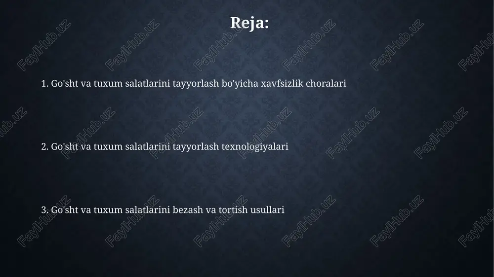 eladi, shuningdek, ingredientlarning bir-biriga singishiga yordam beradi. tuxum salatlarini xizmat qilish uchun turli xil idishlardan, masalan, individual piyolalar, salat kosalari yoki dekorativ nonlar foydalanishingiz mumkin, bu salatning ko'rinishini yanada jozibador qiladi. turli xil go'sht va tuxum salatlari retseptlari tuxum salati uchun 6 ta qattiq qaynatilgan tuxumni maydalab, 30 gramm pishloq, 10 gramm mayonez, 5 gramm xantal va tuz bilan aralashtiring. sizga yoqimli ta'm uchun limon sharbati qo'shishingiz mumkin. mol go'shti salati uchun 150 gramm qaynatilgan mol go'shtini kubik shaklida to'g'rab, 70 gramm smetana, 15 gramm maydanoz, 1 piyoz va 3 ta qaynatilgan tuxum sarig'ini qo'shing. talabalar uchun amaliy mashg'ulotlar gigiena qoidalariga rioya qilishga alohida e’tibor qaratish, masalan, 10 daqiqadan kamroq vaqt davomida qo’llarni sovun bilan yuvish, har bir ish bosqichidan keyin asboblarni dezinfeksiya qilish kabi. tuxum salatini tayyorlashda 6 ta turli xil usulni (masalan, maydalangan, qaynatilgan, qovurilgan) namoyish etish va har bir usul uchun 2 ta bezak varianti bilan tanishtirish …