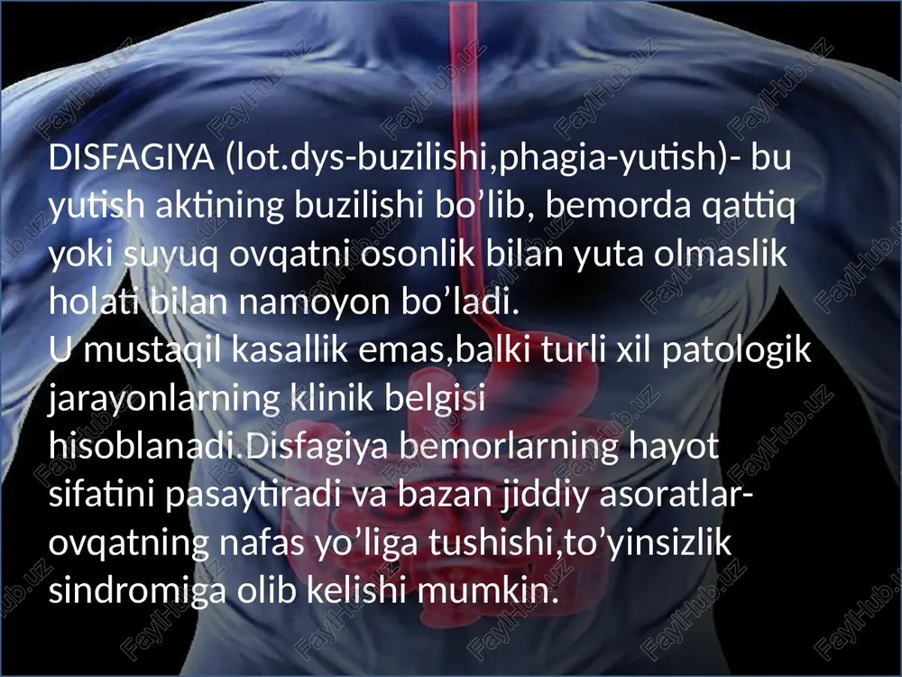 i ganglionar neyronlar sonining kamayishi; adashgan nerv tolalaridagi degenerativ o’zgarishlar ; adashgan nervning dorzal harakat yadrolaridagi son va sifat o’zgarishlari; intramural nerv tolalari sonining nerv uchlaridagi vezikular sonining kamayishi. adashgan nervning dorzal harakat (motor) yadrolarida va mushak birlashmalarining neyronlarida sitoplazma aralashmalarining ( levi tanachasi) aniqlanishi. oilaviy axalaziya yuqorida ta’kidlanganidek, asosan autosom-retsessiv holda nasldan naslga o’tadi va dastlabki belgilari 4 yoshgacha yuzaga keladi. aksariyat hollarda,ushbu kasallik adrenoskortikotrop gormon ta’sir faoliyatining susayishi, alakrimiya,mikrosefaliya hamda neyrogen karlik bilan birga namoyon bo’ladi. ba’zan qizilo’ngach axalaziyasi bilan bir qatorda nerv tizimining degerativ kasalliklari,parkinsonizm va miyachaning irsiy ataksiyasi ham kuzatilishi mumkin sabablari axalaziya (achalasia cardiae) – pastki qizilo‘ngach sfinkterining bo‘shamasligi bilan kechuvchi motor buzilish. qizilo‘ngach strikturalari (kuyish, jarrohlik yoki yallig‘lanishdan keyingi chandiqlar) o‘smalar (benign yoki malign neoplaziyalar) qizilo‘ngach spazmlari gastroezofageal reflyuks kasalligi (gerd) oqibatida shilliq qavat shikastlanishi klinikasi disfagiya- qizio’ngach axalaziyasiga chalingan bemorlarining deyarli barchasida kuzatiladi.ba’zan kasallikning ilk klinik belgilari paydo bo’lishi va bemorlarni vrachga dastlabki …
