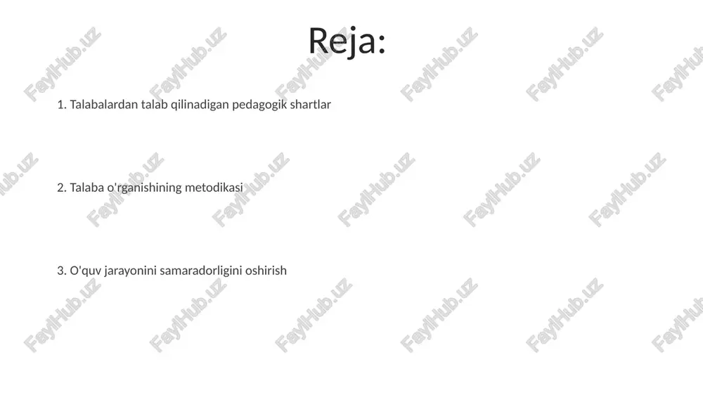 a ajratish va mos usullarni qo'llash zarur. o'quv jarayonini samarali tashkil etish uchun 3 ta asosiy bosqich – rejalashtirish (maqsad va vazifalarni aniqlash), amalga oshirish (interaktiv usullarni qo'llash, 20% nazariya, 80% amaliyot) va baholash (o'quv natijalarini obyektiv baholash mezonlari)ni qo'llash muhim. talabalar uchun pedagogik talablar pedagogik talablarga muvofiq, talabalar darsga muntazam ishtirok etishlari, 85% dan yuqori baholarga erishishlari va o'qituvchilar bilan faol hamkorlik qilishlari zarur. muvaffaqiyatli o'qish uchun talabalarda kamida 70% darajada faol tinglash, tanqidiy fikrlash va muammoni hal qilish qobiliyatlari bo'lishi kerak. o’qitish uslublari talabalar mustaqil o'rganish ko'nikmalarini rivojlantirish uchun 2 ta asosiy usul (mustaqil o'qish, tadqiqot ishlari) va ularni amalga oshirish uchun 3 ta vositadan (kutubxona resurslari, onlayn platformalar, mentorlar) foydalanish tavsiya etiladi. o'qituvchilar talabalarning 3 xil o'rganish uslubini (vizual, auditoriy, kinestetik) hisobga olgan holda, darslarni 50% amaliy mashg'ulotlarga asoslangan holda tashkil qilishlari kerak. o’quv materiallari samarali o'quv materiallari turli xil bilimlarni sintez qilishga, masalan, 5w1h usuli yordamida …
