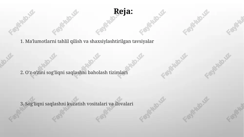 ar aqlli soatlar va fitness trekkerlar kun davomida faollik darajasini, qadam sonini va kaloriyalar sarfini aniqlab, foydalanuvchilarga o'zlarining jismoniy faolliklari to'g'risida 24/7 ma'lumot beradi. ba'zi mobil ilovalar va gadjetlar foydalanuvchilarga shaxsiylashtirilgan maslahatlar va sog'lom turmush tarzini o'rgatish uchun sun'iy intellekt (ai) algoritmlaridan foydalanadi, bu esa samaradorlikni 15% ga oshiradi. stressni boshqarish va ruhiy salomatlik stressni boshqarish uchun kuniga kamida 30 daqiqa jismoniy faoliyat bilan shugʻullanish, masalan, yurish yoki yoga, kortizol darajasini pasaytirib, kayfiyatni yaxshilaydi. ruhiy salomatlikni yaxshilash uchun haftada 2-3 marta meditatsiya yoki chuqur nafas olish mashqlarini bajarish, 5-10 daqiqadan boshlash tavsiya etiladi. o'z-o'zini kuzatishning ahamiyati o'z-o'zini kuzatish sog'liqni saqlash xarajatlarini 15-20% ga kamaytirishi mumkin, chunki erta aniqlangan muammolarni samarali davolash ancha arzon. o'z-o'zini tekshirish va monitoring qilish natijalari shifokor bilan muloqotni yaxshilaydi, bu esa aniqroq tashxis qo'yish va individual davolash rejasini tuzish imkonini beradi. xatarlarni aniqlash va profilaktika sog'lom ovqatlanish va muntazam jismoniy mashqlar bilan shug'ullanish orqali saraton kasalligi …