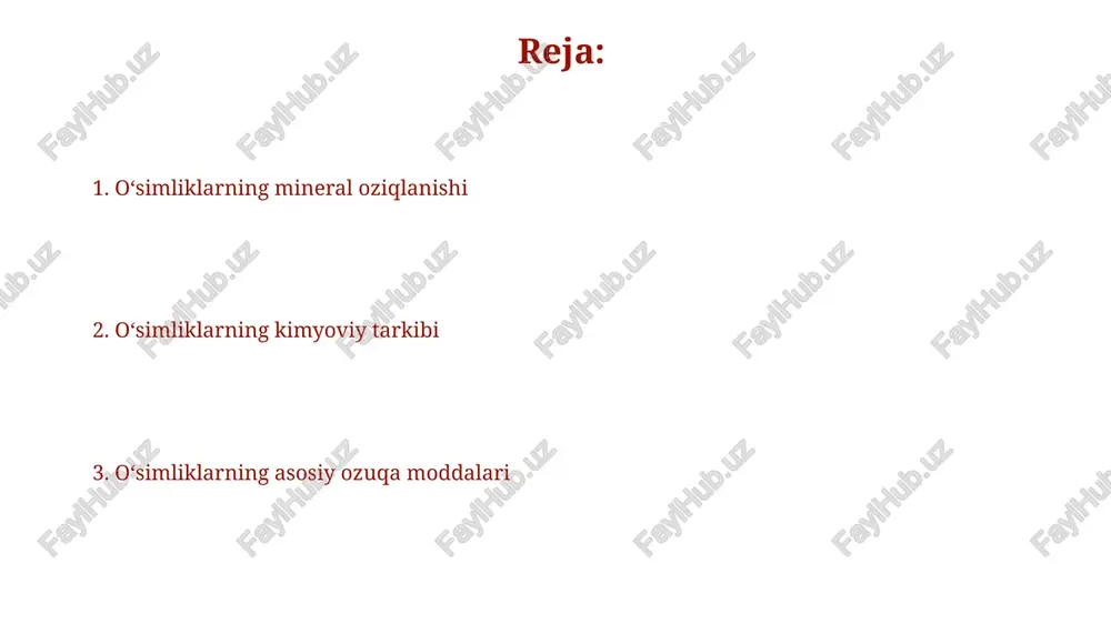 hun 17 ta makro va mikroelementlar zarur bo'lib, ularning yetishmasligi turli xil fiziologik kasalliklarga olib keladi. temir (fe) xlorofill sintezida muhim ahamiyatga ega bo'lib, uning yetishmasligi xloroz deb ataluvchi kasallikka olib keladi, bu esa barglarda sariq rang paydo bo'lishi bilan namoyon bo'ladi. uglevodlar uglevodlarning asosiy funksiyalari – energiya manbai bo'lish, o'simlik tuzilmalarini shakllantirish va himoya vazifasini bajarishdir, ularning tarkibida c, h va o elementlari 1:2:1 nisbatida bo'ladi. uglevodlar o'simliklarning quruq massasining 75-90% ini tashkil qiladi va asosan kraxmal, tsellyuloza va boshqa polisaxaridlar ko'rinishida bo'ladi. makroelementlar o'simliklarning 96% ini makroelementlar – uglerod (c), vodorod (h) va kislorod (o) tashkil qiladi, qolgan 4% esa boshqa makro va mikroelementlar hissasiga to'g'ri keladi. azot (n), fosfor (p) va kaliy (k) o'simliklarning o'sishi va rivojlanishi uchun eng muhim uchta makroelement hisoblanadi, ularning etishmasligi hosildorlikka salbiy ta'sir ko'rsatadi. tola moddalar o'simliklarning tola moddalar tarkibi turli xil bo'lib, masalan, bug'doy po'stlog'ida 40%, olma po'stlog'ida esa 25% gacha …
