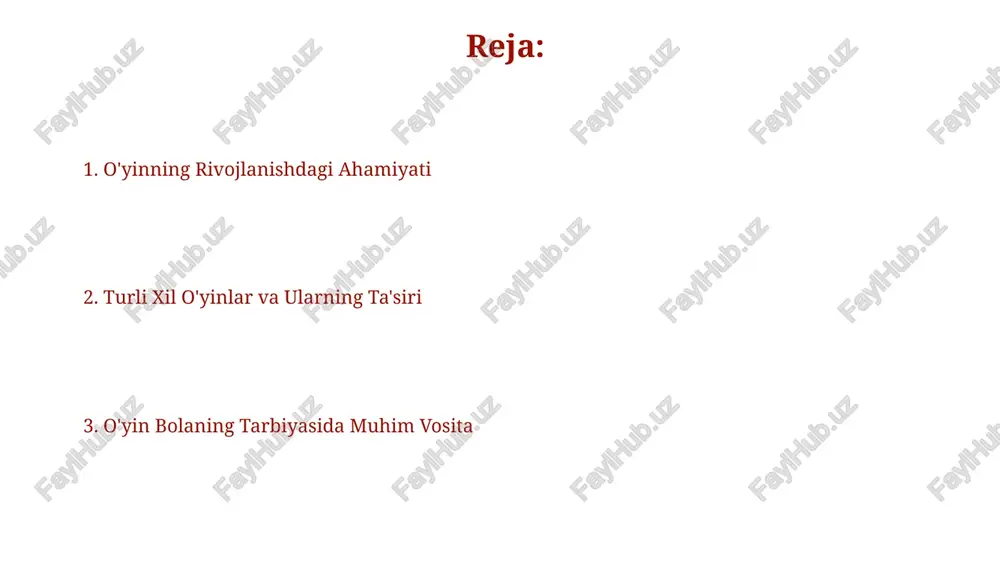 pektivaga ega boʻlish qobiliyatini rivojlantiradi. oʻyinlar bolalarda empatiya, his-tuygʻularni boshqarish va ijtimoiy koʻnikmalarni rivojlantirishga yordam beradi, bu esa emotsional aqlning 5 asosiy tarkibiy qismlaridan 3 tasini – oʻz-oʻzini anglash, ijtimoiy ongni va munosabatlarni boshqarishni mustahkamlaydi. muammolarni hal qilish koʻnikmalarini rivojlantirish konstruktorlar va boshqotma oʻyinlar kabi faoliyatlar bolaning muammo yechish qobiliyatini rivojlantirishda muhim rol oʻynaydi, chunki ular 10 dan ortiq xil usulda yigʻish va qurish imkoniyatini taqdim etadi. rol oʻynash oʻyinlari orqali bolalar turli xil vaziyatlarni simulyatsiya qilib, 5 dan ortiq turli yechimlarni taklif qilish va ularni baholash koʻnikmalarini rivojlantiradilar. oʻyin orqali ijtimoiylashish oʻyin orqali bolalar 3-7 yosh oraligʻida tengdoshlari bilan oʻzaro munosabatlarni oʻrganadi, ijtimoiy rollarni sinab koʻradi va muloqot koʻnikmalarini rivojlantiradi, bu esa kelajakdagi ijtimoiy moslashuvchanliklarini yaxshilaydi. rolli oʻyinlar, masalan, "shifokor va bemor", bolalarga turli ijtimoiy rollarni tushunishga va ularga mos munosabatda boʻlishga yordam beradi, empatiya va ijtimoiy intellektni rivojlantiradi. oʻyinning bolalar tarbiyasidagi ahamiyati oʻyin, bolaning ijtimoiy-emotsional rivojlanishiga ijobiy taʼsir …