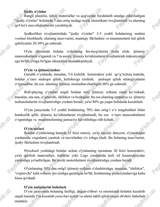 uvofiqlashuvini yaxshilaydi. ijodkorlikni rivojlantirishda "ijodiy o'yinlar" 3-5 yoshli bolalarning muhim vositasi hisoblanib, ularning tasavvurini, mantiqiy fikrlashini va muammolarni hal qilish qobiliyatini 20-30% ga oshiradi. o'yin davomida bolalar o'zlarining his-tuyg'ularini ifoda etish, ijtimoiy munosabatlarni o'rganish va 7 ta asosiy ijtimoiy ko'nikmalarni rivojlantirish imkoniyatiga ega bo'lib, o'ziga bo'lgan ishonchini mustahkamlaydi. o'yin va ijtimoiylashuv guruhli oʻyinlarda, masalan, 5-6 kishilik konstruktor yoki qoʻgʻirchoq teatrida, bolalar oʻzaro muloqot qilish, kelishuvga erishish, muloqot qilish strategiyalarini oʻrganadilar, bu esa ularning ijtimoiy moslashuvchanligini 60% ga oshiradi. roll-playing oʻyinlari orqali bolalar turli ijtimoiy rollarni sinab koʻrishadi, masalan, ota-ona, oʻqituvchi, shifokor va boshqalar, bu esa ularning empatiya va ijtimoiy tushunchalarini rivojlantirishga yordam beradi, ya'ni 80% ga yaqin bolalarda kuzatiladi. oʻyin jarayonida 3-5 yoshli bolalarning 70% dan ortigʻi oʻz tengdoshlari bilan hamkorlik qilib, ijtimoiy koʻnikmalarini rivojlantiradi, bu esa oʻzaro munosabatlarni oʻrganishga va muammolarning jamoaviy hal etilishiga olib keladi. o'yin turlari bolalar o'yinlarining kamida 15 foizi ramziy, ya'ni xayoliy dunyoni, o'yinchoqlar yordamida …