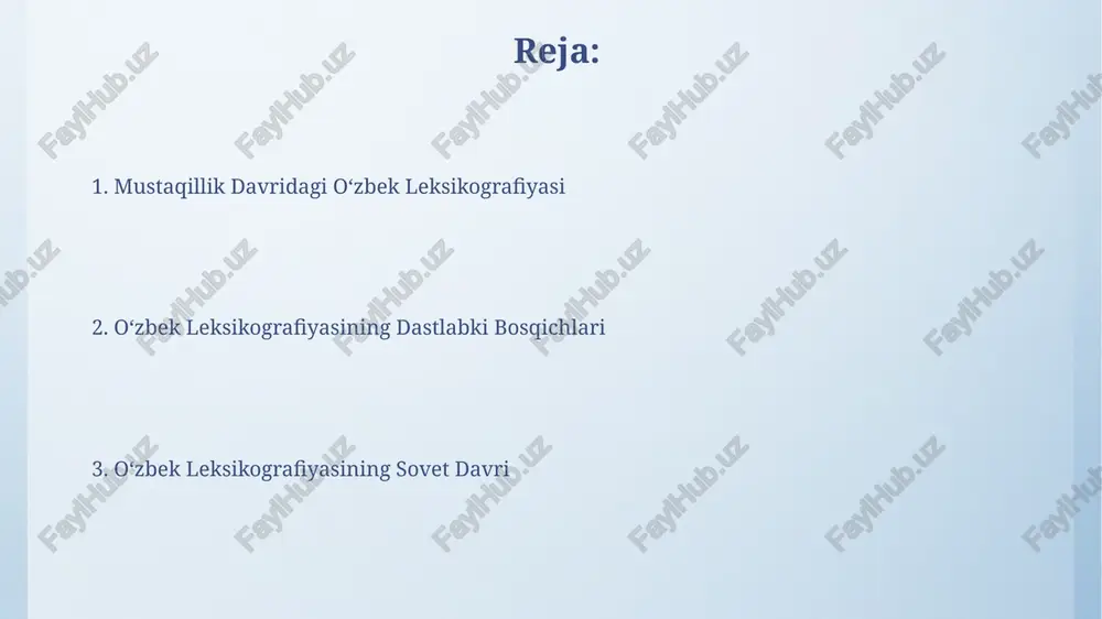 0 dan ortiq ikki tilli lug'atlar, jumladan, ruscha-o'zbekcha va o'zbekcha-ruscha lug'atlar yaratildi, bu o'zbek tilining rus tili bilan yaqinlashuviga yordam berdi. o'zbek tilining grammatikasi va leksikasini tahlil qilishda marksistik-leninistik g'oyalarning ta'siri kuchayib, 50-70 yillardagi lug'atlarda ideologiyaga oid atamalar ko'paydi. mustaqillik davri oʻzbek leksikografiyasi mustaqillik davri oʻzbek leksikografiyasida 200 dan ortiq yangi lugʻatlar, shu jumladan, ixtisoslashgan sohalarga oid 50 dan ziyod terminologik lugʻatlar yaratildi. davrda elektron lugʻatlar yaratish va rivojlantirishga alohida e’tibor qaratildi, natijada 10 dan ortiq onlayn va cd-rom koʻrinishidagi lugʻatlar foydalanuvchilarga taqdim etildi. e'tiboringiz uchun rahmat @taqdimot_robot image4.png image5.jpg image6.jpg image7.jpg image8.jpg image9.jpg image10.jpg image3.jpeg