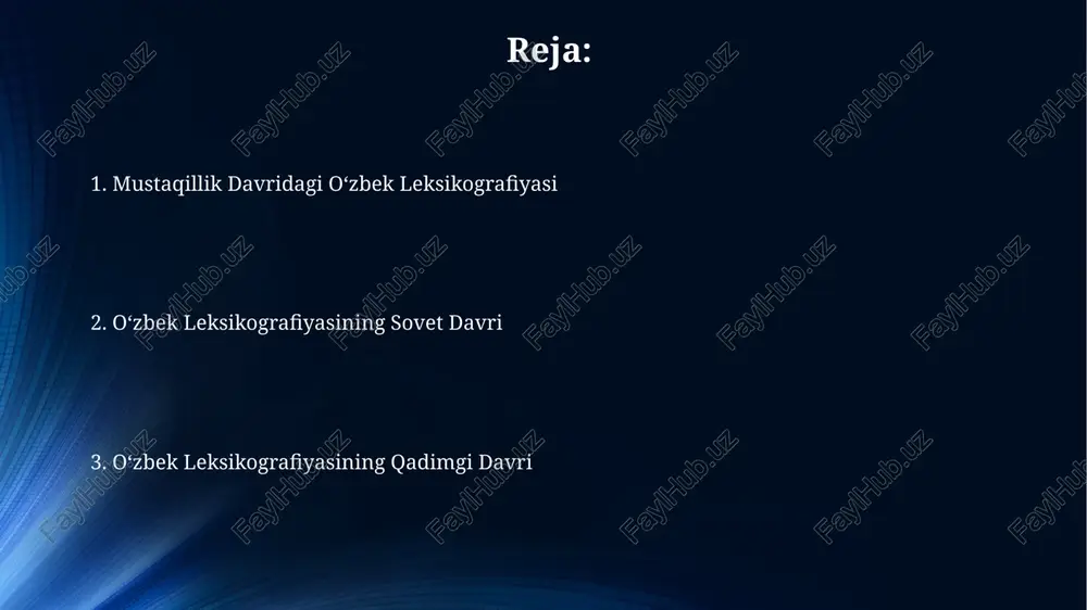 da terminologiya aniqligi va standartlashtirish masalalari dolzarb bo'lib qolmoqda. elektron lug'atlarni yaratish va rivojlantirishda ma'lumotlar bazasini yaratish, interfeys dizayni va foydalanuvchilar uchun qulaylik kabi 3 ta asosiy muammo mavjud. o'zbek tilida kam qo'llaniladigan so'zlarning, masalan, 5000 dan kam qo'llanilish chastotasiga ega so'zlarning lug'atlarda to'liq aks ettirilmasligi muammosi mavjud. sovet davri leksikografiyasi shunday katta miqyosli lug'atlar yaratilishida 100 dan ortiq filolog va lingvistlar ishtirok etib, sovet tili siyosatining ta'siri ostida leksikaning normativlashtirilishiga hissa qo'shgan. sovet davri leksikografiyasida rus tilidan o'zbek tiliga ko'plab so'zlar kiritildi va ularning lug'atdagi ta'rifi hamda tarjimasida ideologik omillar sezilarli darajada namoyon bo'lgan. sovet davrida o'zbek tilining 20 dan ortiq lug'atlari, jumladan, 5 tomlik “o'zbek tilining izohli lug'ati” kabi yirik loyihalar amalga oshirildi, bularda siyosiy va ilmiy terminologiyaga alohida e'tibor berilgan. qadimgi davr leksikografiyasi "qadimgi davr leksikografiyasi" o‘zbek tilining shakllanishining dastlabki bosqichlarini aks ettiradi, bu davrda tilning fonetik va morfologik xususiyatlari o‘rganish uchun yetarli miqdorda manba yo‘q. qadimgi …