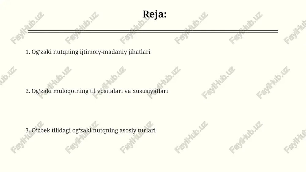 rishni oʻz ichiga oladi. monologik nutq, masalan, ma’ruza yoki hisobot kabi, bitta shaxs tomonidan 3 dan ortiq tinglovchiga yoʻnaltirilgan va rejalashtirilgan, tuzilgan nutq turi hisoblanadi. ogʻzaki nutqning muhim turlaridan biri boʻlgan tortishuv, kamida 2 ishtirokchi oʻrtasida 2ta yoki undan ortiq qarama-qarshi fikrlarni bayon etish jarayonidir. ogʻzaki nutq madaniyati ogʻzaki nutq madaniyatida 5 ta asosiy element: tovush balandligi, intonatsiya, pauza, temp va urgʻu mavjud boʻlib, ularning mahoratli qoʻllanilishi muloqot samaradorligini 30% ga oshiradi. soʻz boyligi va sinonimlarni toʻgʻri qoʻllash ogʻzaki nutq madaniyatining muhim koʻrsatkichlaridan biri boʻlib, 1000 ta soʻzdan kamroq soʻz boyligi bilan muloqot cheklangan boʻladi. ogʻzaki nutq madaniyatini oʻrganishda 3 bosqich ajratiladi: tinglash, tushunish va javob berish, har bir bosqichda turli xil uslubiy texnikalar qoʻllaniladi. ommaviy nutqning xususiyatlari ommaviy nutqda 200 dan ortiq tinglovchiga murojaat qilish, auditoriyaning heterogenligi va muloqotning bir tomonlama xususiyatlari muhim ahamiyat kasb etadi. ommaviy nutqning samaradorligi nutqning aniqligi, tushunarliligi va reyd (ritm, intonatsiya, pauza) kabi 3 …