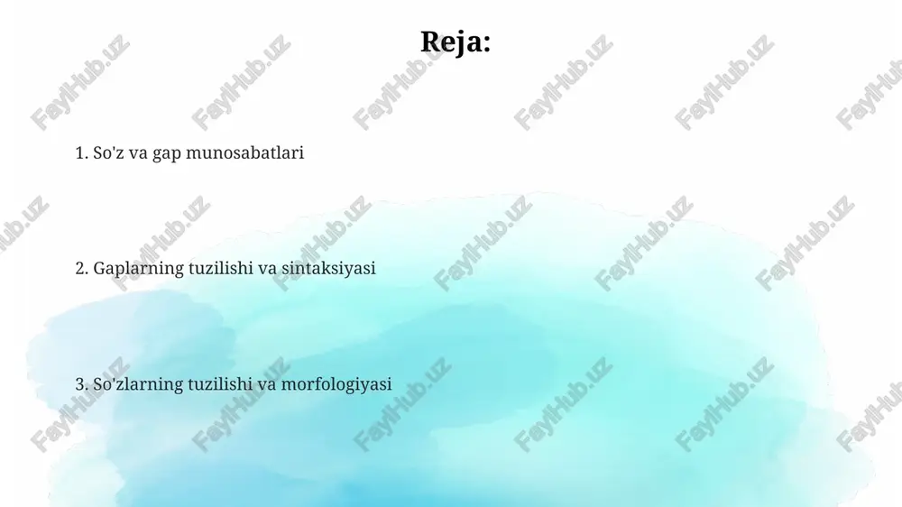 larning tuzilishi va sinflari oʻzbek tilida soʻzlarning morfologik tuzilishi 3 ga boʻlinadi: sodda, murakkab va qoʻshma soʻzlar, ularning har biri oʻziga xos xususiyatlarga ega. oʻzbek tilida qoʻshma soʻzlarning hosil boʻlish usullari 2 xil: qoʻshilish va birikish yoʻli bilan, bu usullar soʻzlarning ma'no va tuzilishini aniqlashda muhim ahamiyatga ega. soʻz turkumlari 11 ta asosiy turkumga boʻlinadi: ot, sifat, son, olmosh, fe'l, ravish, bogʻlovchi, yuklama, undov, kesim va modal soʻzlar. har bir turkumning oʻz grammatik xususiyatlari mavjud. morfologiya va sintaksis o'zaro munosabatlari o'zbek tilida fe'lning 12 ta zamon shakli mavjud bo'lib, ularning har biri sintaksis tuzilmalari – gap tarkibiy qismlari bilan o'zaro bog'liq holda qo'llaniladi, bu morfologiya va sintaksisning yaqin aloqasini ko'rsatadi. sifatlarning darajalari (taqqoslash darajalari – 3 ta) morfologik xususiyat bo'lsa-da, ularning gapdagi qo'llanishi, ya'ni qanday so'zlar bilan birikishi sintaksis qoidalariga bog'liqdir. otlarning 6 ta kelishigi morfologik jihatdan aniqlansa-da, ularning gapdagi vazifasi (aniqlovchi, to'ldiruvchi va hokazo) sintaksis qonunlariga bo'ysunadi, bu ikki …