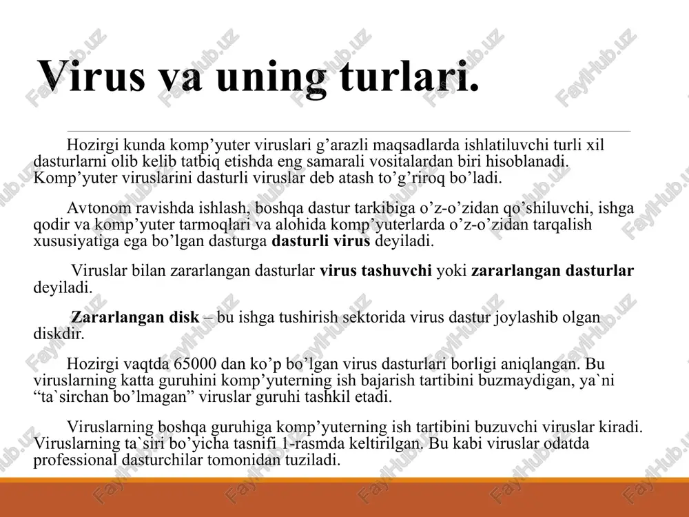 nchester orqali komp’yuterning ishga tushishi yo’qoladi. viruslar asosan disklarning yuklanuvchi sektorlarini va exe, com, sys va bat kengaytmali fayllarni zararlaydi. viruslarning hajmi bir necha baytdan to o’nlab kb gacha bo’lishi mumkin. fayllarni tarkibini buzmaydigan viruslar: a) tezkor xotira qurilmasida ko’payuvchi; b) operatorni ta`sirlantiruvchi; v) tarmoq viruslari. fayl tarkibini buzuvchi viruslar: a) foydalanuvchining ma`lumotlari va dasturlarni buzuvchi; b) tizim ma`lumotlarni buzuvchi. qurilmalarni buzuvchi: a) displeyning lyuminafor qatlamini kuydiruvchi; b) komp’yuterning mikrosxemasini ishdan chiqaruvchi; v) printerni ishdan chiqaruvchi; g) mdni buzuvchi. komp’yuter viruslari xarakterlariga nisbatan norezident, rezident, butli, gibridli va paketli viruslarga ajratiladi. faylli norezident viruslar to’liqligicha bajarilayotgan faylda joylashadi, shuning uchun ham u faqat virus tashuvchi dastur faollashgandan so’ng ishga tushadi va bajarilgandan so’ng tezkor xotirada saqlanmaydi. rezident virus norezident virusdan farqliroq tezkor xotirada saqlanadi. rezident viruslarning yana bir ko’rinishi but viruslar bo’lib, bu virusning vazifasi vinchester va egiluvchan mdlarning yuklovchi sektorini ishdan chiqarishdan iborat. but viruslarining boshi diskning yuklovchi but …