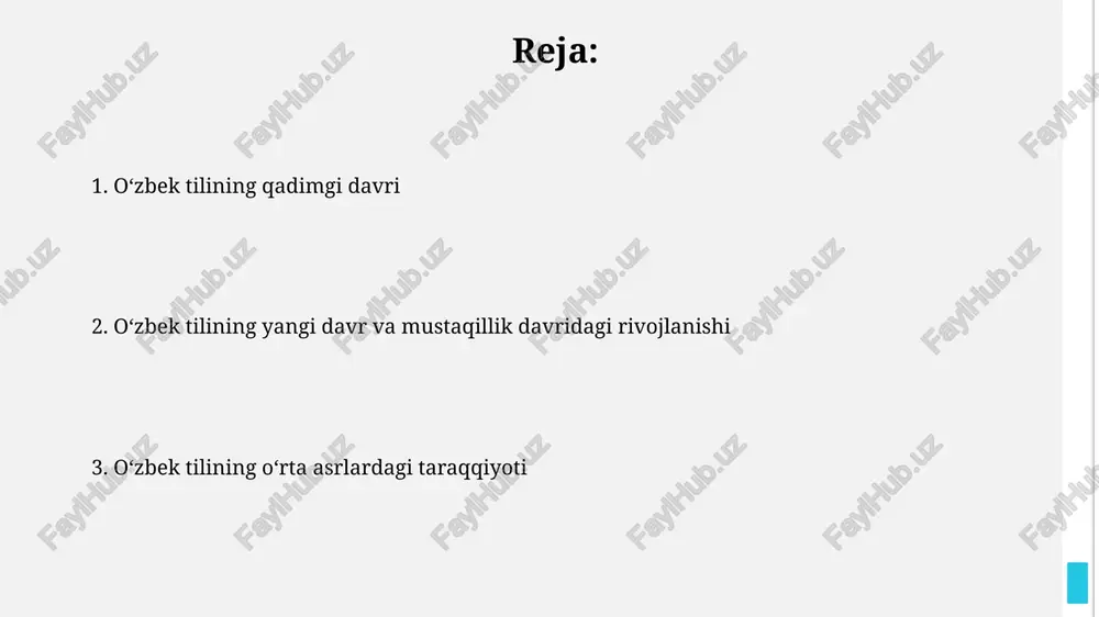 koʻplab adabiy asarlar shu yozuvda yozilgan. 14-15-asrlarda oʻzbek tilida arab va fors tillaridan olingan 2000 dan ortiq soʻz boyitilgan. oʻzbek tilining qadimgi davri qadimgi oʻzbek tili turkiy tillarning janubi-gʻarbiy guruhiga mansub boʻlib, uning fonetik tizimi, morfologik tuzilishi va lugʻaviy tarkibi oʻziga xos xususiyatlarga ega edi, taxminan 1000 yil davom etgan. chorxosht va manas kabi epik asarlarning qadimgi nusxalari, hozirgi oʻzbek tili bilan muayyan oʻxshashliklarga ega boʻlib, tilning uzluksiz rivojlanishini koʻrsatadi. oʻzbek tilining qarluq davri qarluq yozuvlari, asosan, arab yozuvida yozilgan boʻlib, tilning morfologik tuzilishi va grammatik xususiyatlarini oʻrganishda muhim manba hisoblanadi. qarluq davri oʻzbek tilining shakllanishida muhim bosqich boʻlib, taxminan 8-13-asrlarda yozma yodgorliklar soni sezilarli darajada oshgan. e'tiboringiz uchun rahmat @taqdimot_robot image1.jpg image2.jpg image3.jpg image4.jpg image5.jpg image6.jpg image7.jpg