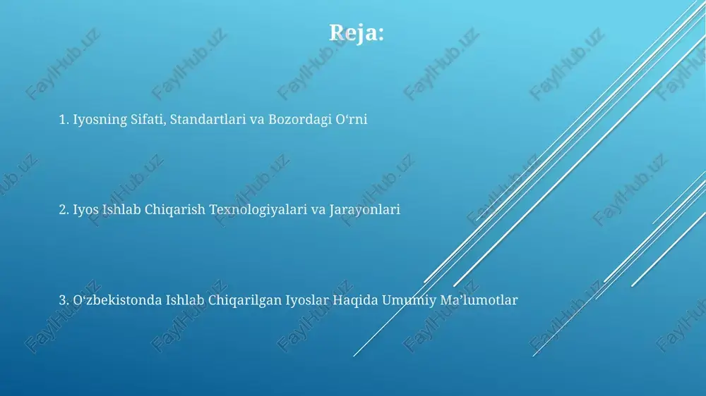 sifat nazoratiga jami 15 ta bosqich kiradi, bunda har bir bosqichda kamida 2 marta tekshiruv o'tkaziladi. sifatsiz mahsulotlarning foizi yillik hisobotda 3% dan oshmasligi belgilangan, bu esa ishlab chiqarishdagi qat'iy nazoratni tasdiqlaydi. o'zbekistonda ishlab chiqarilgan iyoslar uchun sifat nazorati gost va iso standartlariga muvofiq 5 ta asosiy parametr bo'yicha baholanadi. xomashyo manbalari va yetkazib beruvchilar uzbekistanning andijon va namangan viloyatlarida joylashgan paxta tozalash zavodlari iyos ishlab chiqarish uchun kerakli sifatli paxta xomashyosining 70% dan ortig'ini ta'minlaydi. mamlakatimizdagi 5 ta yirik kimyo sanoati korxonalari, shuningdek, 10 ga yaqin kichik va o'rta biznes subyektlari iyos ishlab chiqarish uchun zarur bo'lgan kimyoviy moddalarni yetkazib berishadi. iyos ishlab chiqarishda asosan mahalliy paxta tolasi, 30% dan ortiq miqdorda, asosiy xomashyo sifatida ishlatiladi, qolgan qismi esa import qilinadigan sintetik tolalar hisoblanadi. iyoshning mahalliy ishlab chiqarilishi haqida umumiy ma'lumot o‘zbekistonda ishlab chiqarilgan iyoshning yillik hajmi taxminan 5000-7000 tonnani tashkil etadi, bu esa mamlakat ichki ehtiyojining 60-70% ni …