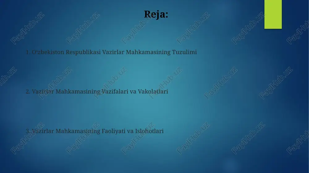 dan ortiq davlat bilan ikki tomonlama hamkorlikni amalga oshiradi, shundan 10 tasi strategik sheriklik munosabatlarini o'z ichiga oladi. vazirlar mahkamasining tashqi siyosatdagi faoliyati davlat byudjetining 15% dan ortig'ini tashkil etadigan xalqaro dasturlarni amalga oshirishni o'z ichiga oladi. so'nggi 5 yil ichida vazirlar mahkamasi xorijiy investitsiyalarni jalb qilish bo'yicha 100 dan ortiq xalqaro shartnomalarni imzolagan. vazirlar mahkamasining faoliyatini takomillashtirish vazirlar mahkamasining samaradorligini oshirish maqsadida 2023-yilda 15 dan ortiq yangi qaror va farmonlar qabul qilindi, bu byurokratik jarayonlarni soddalashtirishga qaratilgan. hukumat faoliyatini takomillashtirish doirasida 5 ta asosiy yo'nalish bo'yicha strategik reja ishlab chiqildi, ular davlat boshqaruvi samaradorligini 20% ga oshirishga qaratilgan. korrupsiyaga qarshi kurashni kuchaytirish maqsadida vazirlar mahkamasi ichki nazorat tizimini modernizatsiya qildi, bu natijada byudjet mablag'larining oqilona sarflanishini ta'minlaydi. vazirlar mahkamasining vazifalari va vakolatlari vazirlar mahkamasining tarkibi prezident tomonidan tasdiqlanadi va kamida 15 nafar vazir va boshqa a’zolardan iborat. ularning vakolatlari aniq belgilangan. vazirlar mahkamasi davlat byudjeti loyihasini ishlab chiqadi va …