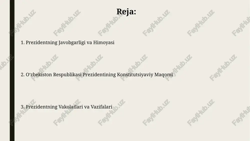 il muddatga xalq tomonidan saylanadi va ikki muddatdan ortiq saylanishi mumkin emas. prezidentning vakolatlarini vaqtincha bajaruvchi agar prezident lavozimidan chetlashtirilgan bo‘lsa yoki vafotiga yoki boshqa sabablarga ko‘ra o‘z vazifalarini bajarish imkoniyatidan mahrum bo‘lsa, 60 kun ichida yangi saylov o‘tkaziladi. prezidentning vakolatlarini vaqtincha bajaruvchi o‘zbekiston respublikasi konstitutsiyasining 93-moddasiga muvofiq, senat raisi prezidentning vakolatlarini vaqtincha bajaradi. davlat boshqaruvidagi roli davlat byudjetini tasdiqlash va ijro etish jarayonida prezidentning muhim roli bor, u 100 dan ortiq vazirlik va idoralar faoliyatini nazorat qiladi. prezident oʻzbekiston respublikasi qurolli kuchlarining oliy bosh qoʻmondoni hisoblanib, mudofaa va xavfsizlik sohasida muhim qarorlar qabul qilish huquqiga ega. sud hokimiyati bilan munosabatlari o'zbekiston konstitutsiyasining 93-moddasi prezidentning sud hokimiyati bilan munosabatlarini aniq belgilaydi, unga qonun chiqarish jarayonida muhim rol berib, lekin sudlarning mustaqilligini ta'minlaydi. konstitutsiya prezidentning sud tizimiga ta'sir ko'rsatishiga yo'l qo'ymaydi, ammo u sud organlarining ishlashiga oid qonunlarni imzolashi va veto huquqidan foydalanishi mumkin. prezidentning vakolatlari prezident qonunlarni imzolaydi va veto …
