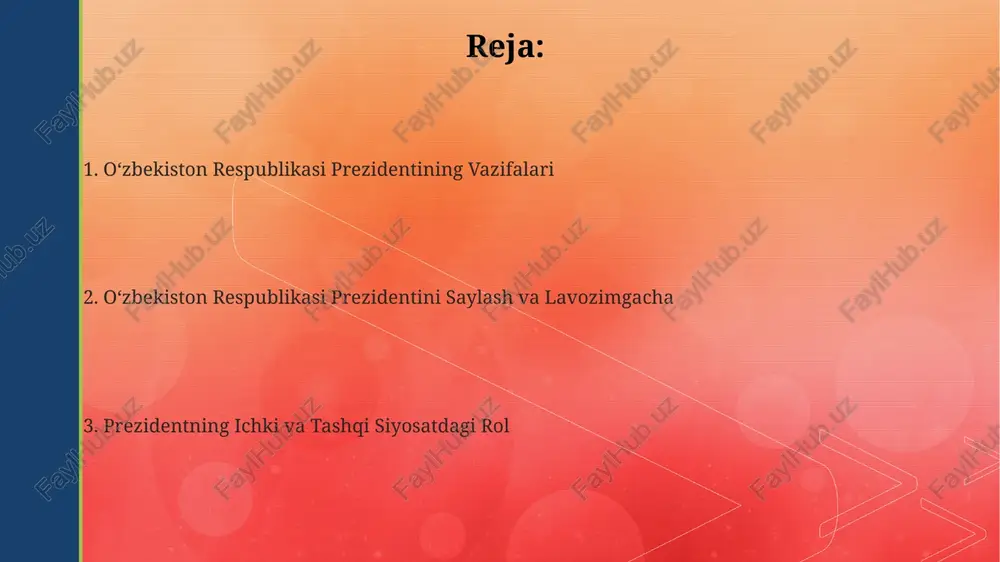 moddalar orqali 11 ta asosiy vakolat doirasini amalga oshiradi, jumladan, qonun chiqarish, ijro etuvchi va sud hokimiyatlariga ta'sir ko'rsatadi. iqtisodiyotni rivojlantirishda prezidentning hissa qoʻshishi prezidentning tashabbusi bilan 2017-2021 yillar davomida 1000 dan ortiq yangi korxonalar ishga tushirildi, bu esa ishsizlik darajasini pasaytirish va aholining turmush darajasini yaxshilashga yordam berdi. agrosanoat kompleksini rivojlantirishga qaratilgan davlat dasturlari tufayli, 2022 yilda qishloq xoʻjaligi mahsulotlarining eksporti 2 milliard aqsh dollaridan oshdi, bu sohada innovatsiyalarni qoʻllash orqali erishildi. prezident shavkat mirziyoyev davrida oʻzbekistonning yalpi ichki mahsuloti (yaim) oʻsishi 5% dan oshdi, bu iqtisodiyotning barqaror rivojlanishini koʻrsatadi va jahon bozorlariga integratsiyalashuvni tezlashtirdi. prezidentning xalq bilan muloqoti prezidentning xalq bilan ochiq muloqoti doirasida 2023-yilda 100 dan ortiq xalq forumlari va videoselektor yig'ilishlari o'tkazildi, unda 5000 dan ziyod fuqaro ishtirok etdi. davlat dasturlarini amalga oshirishda jamoatchilik fikrini inobatga olish uchun 20 dan ortiq sohalarda ijtimoiy so'rovnomalar o'tkazilib, natijalar prezidentning qarorlarini shakllantirishda qo'llanildi. xalq bilan muloqotning samaradorligini oshirish maqsadida …