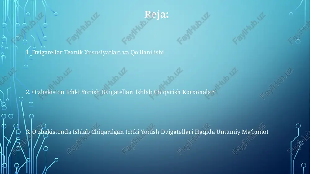 soslashgan bo'lib, yiliga 5000 dan ortiq kuchliligi 100 ot kuchidan yuqori bo'lgan agregatlarni yetkazib beradi. texnik xususiyatlari va parametrlar o'zbekiston ishlab chiqarilgan ichki yonuv dvigatellarining ko'pchiligi 4 zarbli, 4 silindrli bo'lib, 1.5-2.0 litr hajmdagi silindrlarga ega va 70-100 ot kuchi quvvatini ishlab chiqaradi. dvigatellarning maksimal momentini 1500-3500 rpm oralig'ida ishlab chiqarish quvvati va ekologik standartlarga moslashtirilganligi bilan ajralib turadi. evro-5 standartlariga javob beradigan modellar mavjud. yoqilg'i sarfi ko'rsatkichiga kelsak, o'rtacha 8-10 litr/100km oralig'ida bo'lib, bu dvigatelning ishlash rejimiga va yuklanishiga bog'liq. kompressiya nisbati esa 9.5:1 dan 10.5:1 gacha o'zgaradi. kelajak rejalari va taraqqiyot kompaniya zamonaviy texnologiyalarni qo'llab, yoqilg'i sarfini 15% ga kamaytirishga muvaffaq bo'lgan yangi avlod dvigatellarini ishlab chiqarishni yo'lga qo'ydi. “kelajak rejalari va taraqqiyot”ning eksport hajmi oxirgi 3 yilda 2 baravar o'sdi va hozirda markaziy osiyo davlatlariga 2000 dan ortiq dvigatel yetkazib beriladi. “kelajak rejalari va taraqqiyot” kompaniyasi yiliga 5000 dan ortiq ichki yonish dvigatellari ishlab chiqarish quvvatiga ega …