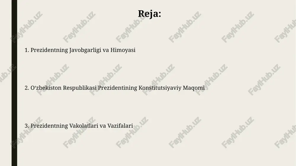 il muddatga xalq tomonidan saylanadi va ikki muddatdan ortiq saylanishi mumkin emas. prezidentning vakolatlarini vaqtincha bajaruvchi agar prezident lavozimidan chetlashtirilgan bo‘lsa yoki vafotiga yoki boshqa sabablarga ko‘ra o‘z vazifalarini bajarish imkoniyatidan mahrum bo‘lsa, 60 kun ichida yangi saylov o‘tkaziladi. prezidentning vakolatlarini vaqtincha bajaruvchi o‘zbekiston respublikasi konstitutsiyasining 93-moddasiga muvofiq, senat raisi prezidentning vakolatlarini vaqtincha bajaradi. davlat boshqaruvidagi roli davlat byudjetini tasdiqlash va ijro etish jarayonida prezidentning muhim roli bor, u 100 dan ortiq vazirlik va idoralar faoliyatini nazorat qiladi. prezident oʻzbekiston respublikasi qurolli kuchlarining oliy bosh qoʻmondoni hisoblanib, mudofaa va xavfsizlik sohasida muhim qarorlar qabul qilish huquqiga ega. sud hokimiyati bilan munosabatlari o'zbekiston konstitutsiyasining 93-moddasi prezidentning sud hokimiyati bilan munosabatlarini aniq belgilaydi, unga qonun chiqarish jarayonida muhim rol berib, lekin sudlarning mustaqilligini ta'minlaydi. konstitutsiya prezidentning sud tizimiga ta'sir ko'rsatishiga yo'l qo'ymaydi, ammo u sud organlarining ishlashiga oid qonunlarni imzolashi va veto huquqidan foydalanishi mumkin. prezidentning vakolatlari prezident qonunlarni imzolaydi va veto …