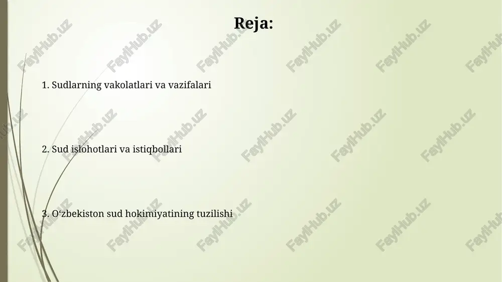 istikasiga koʻra, sudlar tomonidan koʻrib chiqilgan ishlar soni sezilarli darajada oshganini koʻrsatadi va bu sud yukining ortishiga olib keladi. fuqarolik ishlarini koʻrish tartibi fuqarolik ishlarini koʻrish tartibi boʻyicha sud qarorlariga nisbatan shikoyat berish muddati, odatda, 15 kunni tashkil etadi, ayrim hollarda esa qonunda belgilangan boshqa muddatlar qoʻllanilishi mumkin. fuqarolik sud jarayonida tomonlarning protsessual huquqlari, jumladan, dalil keltirish, guvoh chaqirish va sud majlisida ishtirok etish huquqi konstitutsiya va fuqarolik protsessual kodeksi bilan kafolatlanadi. sudning mustaqilligi va adolatliligi sudyalarni saylash va tayinlashdagi yangi mexanizmlar sudning mustaqilligini mustahkamlashga, 2023-yilgi konstitutsiyaviy islohotlardan so'ng korrupsiyaga qarshi kurashni kuchaytirishga xizmat qiladi. sudning mustaqilligi va adolatliligi kafolatlarini kuchaytirish maqsadida oxirgi 5 yilda 100 dan ortiq qonun hujjatlari qabul qilingan, bu huquqiy baza rivojiga hissa qo'shdi. sud tizimidagi korrupsiyaga qarshi kurash korrupsiya holatlarini aniqlash va ularga qarshi kurashish maqsadida, o‘zbekiston sudlarida maxsus elektron tizimlar joriy etilmoqda, bu esa shaffoflikni oshirish va byurokratiyani kamaytirishga qaratilgan. sud tizimida korrupsiyaga qarshi …