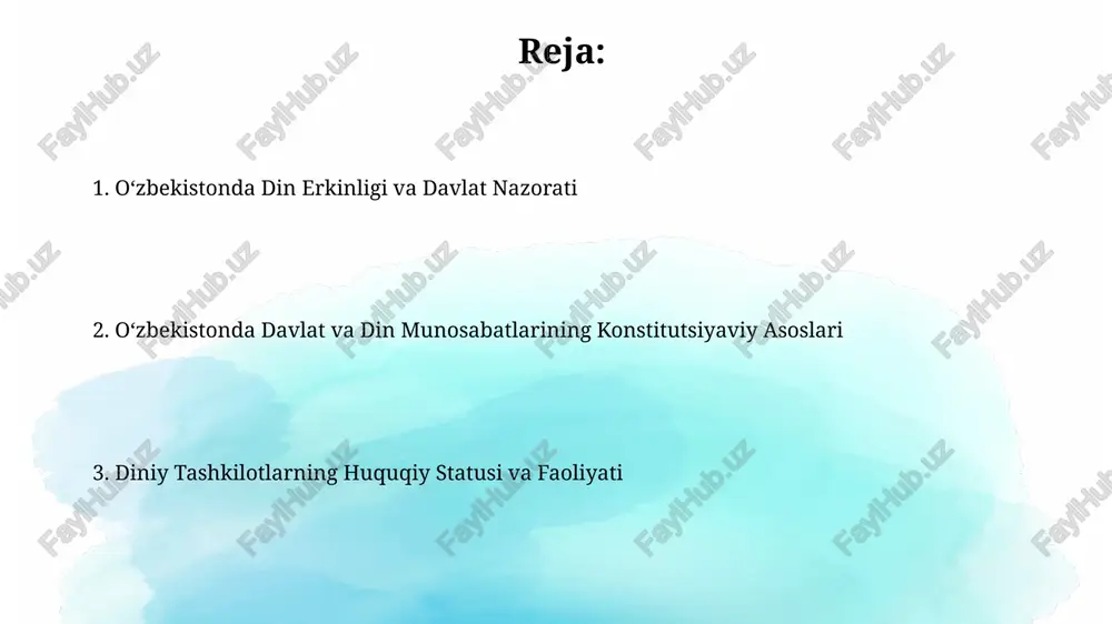 ashkilotlarga aralashmaydi. oʻzbekiston konstitutsiyasining 18-moddasi fuqarolarning vijdon erkinligi va dinlarga boʻlgan munosabatlarini kafolatlaydi, shu jumladan, har qanday dinni tanlash yoki tanlamaslik huquqini ta'minlaydi. davlat va diniy tashkilotlar oʻrtasidagi munosabatlar davlat diniy tashkilotlarning faoliyatiga aralashmaydi, lekin ularning qonunlarga rioya qilishini nazorat qiladi, bu esa 100 dan ortiq diniy tashkilotning ro'yxatdan o'tkazilishini ta'minlaydi. konstitutsiya va qonunlarga muvofiq, diniy tashkilotlar davlat ro'yxatidan o'tkazilishi shart va soliq to'lash, moliyaviy hisobotlarni taqdim etish majburiyatlariga ega. islomning oʻzbekistondagi roli oʻzbekistonda 1991-yildan keyin islom dini rasman davlat tomonidan tan olingan va 2000 dan ortiq masjid faoliyat yuritmoqda, lekin ularning faoliyati qat'iy davlat nazorati ostida. oʻzbekiston musulmonlari idorasi (umi) hukumat bilan yaqindan hamkorlik qiladi va mamlakatdagi 20 million aholining taxminan 90 foizini tashkil etadigan musulmonlarning diniy ehtiyojlarini qondirishda muhim rol o'ynaydi. diniy ekstremizmga qarshi kurash choralari 2009-yildan beri oʻzbekistonda diniy ekstremizmga qarshi kurashda 1000 dan ortiq terrorchilik hujumlarining oldini olishga muvaffaq boʻlingan. “diniy ekstremizmga qarshi kurash toʻgʻrisida”gi qonun …